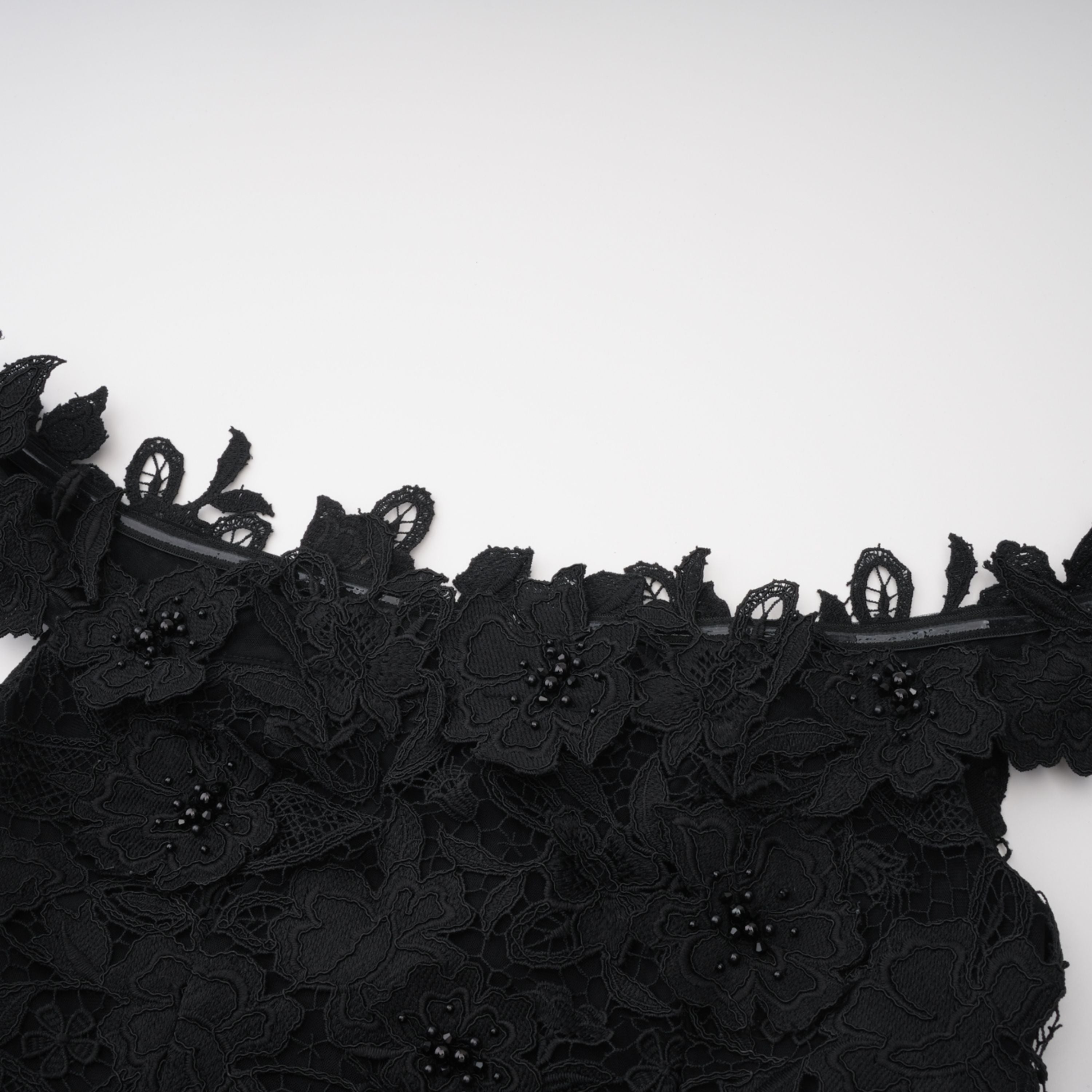 Black Floral Lace Off-the-Shoulder Maxi Dress with Choker Neck and Sheer Hem