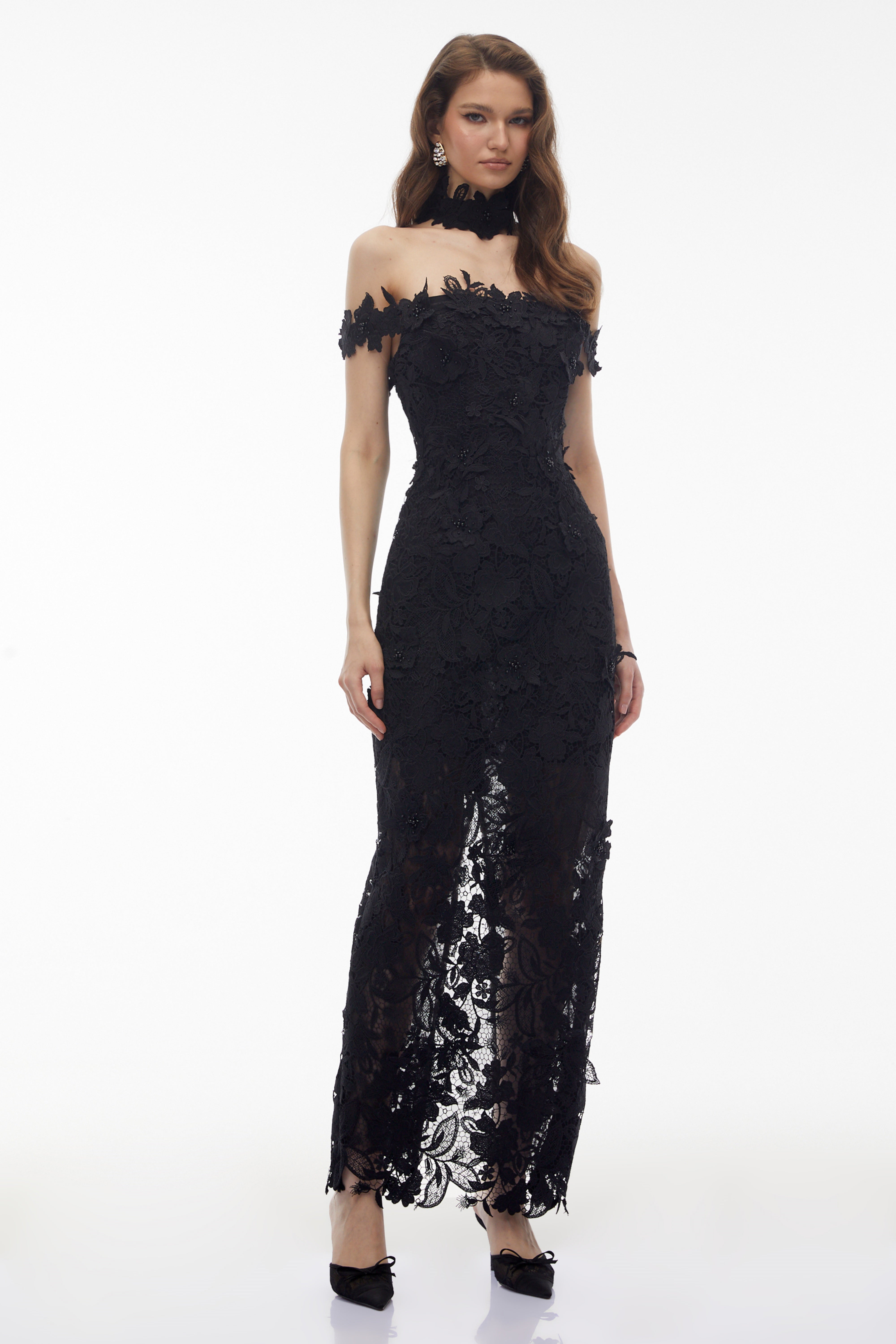 Black Floral Lace Off-the-Shoulder Maxi Dress with Choker Neck and Sheer Hem