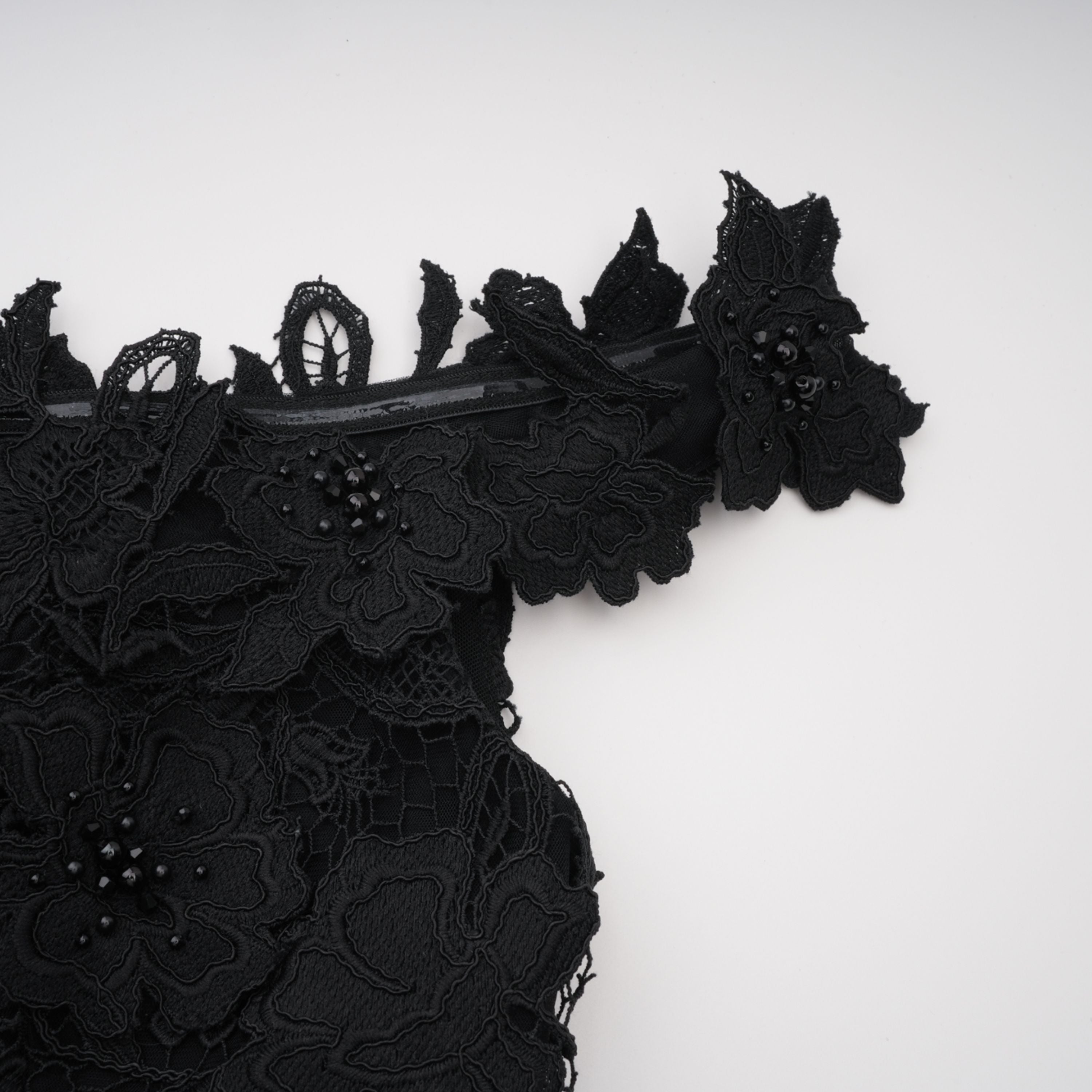 Black Floral Lace Off-the-Shoulder Maxi Dress with Choker Neck and Sheer Hem