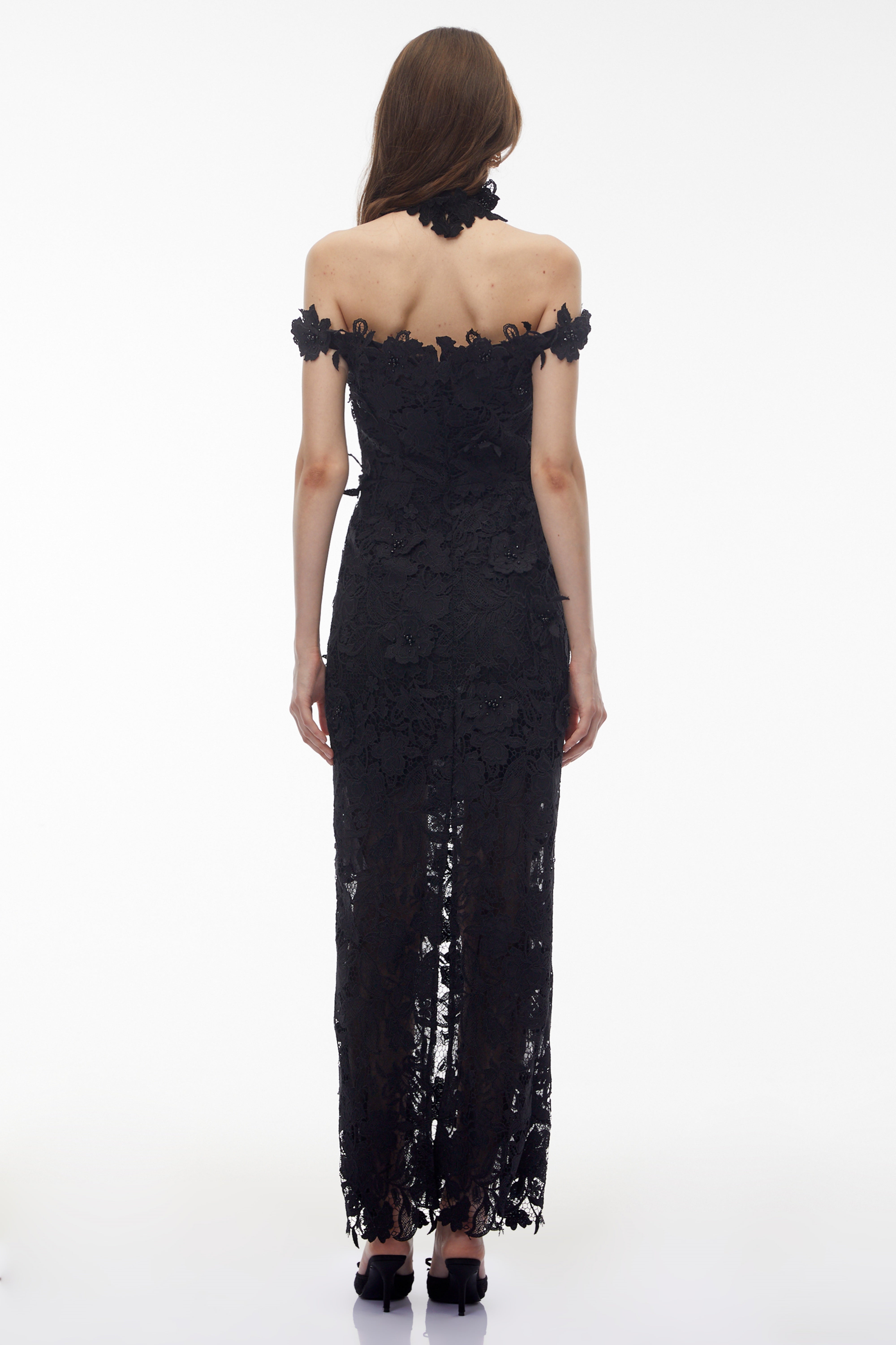 Black Floral Lace Off-the-Shoulder Maxi Dress with Choker Neck and Sheer Hem