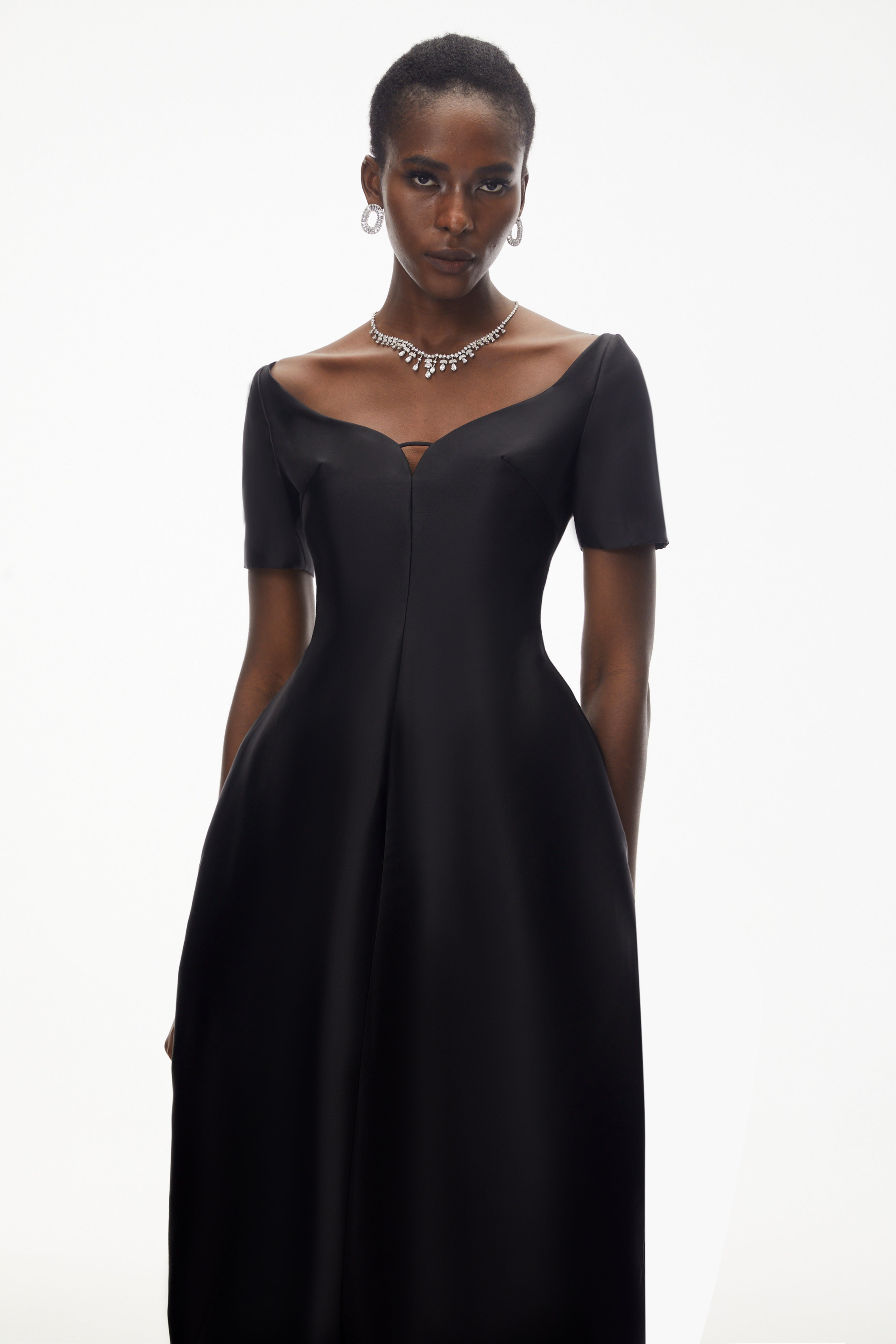 Black Off-the-Shoulder High-Low Midi Dress with Deep V-Neck and Balloon Skirt