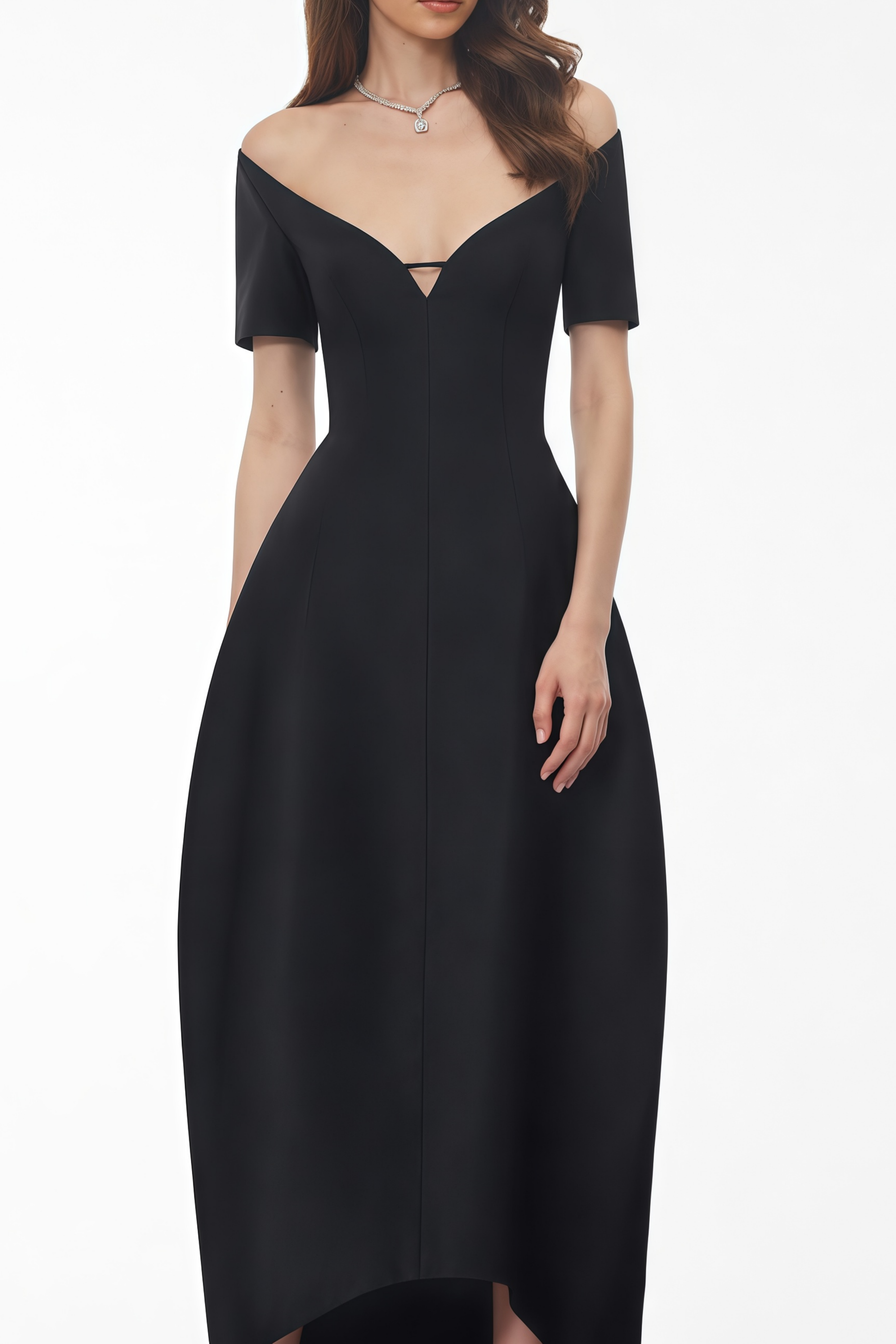 Black Off-the-Shoulder High-Low Midi Dress with Deep V-Neck and Balloon Skirt