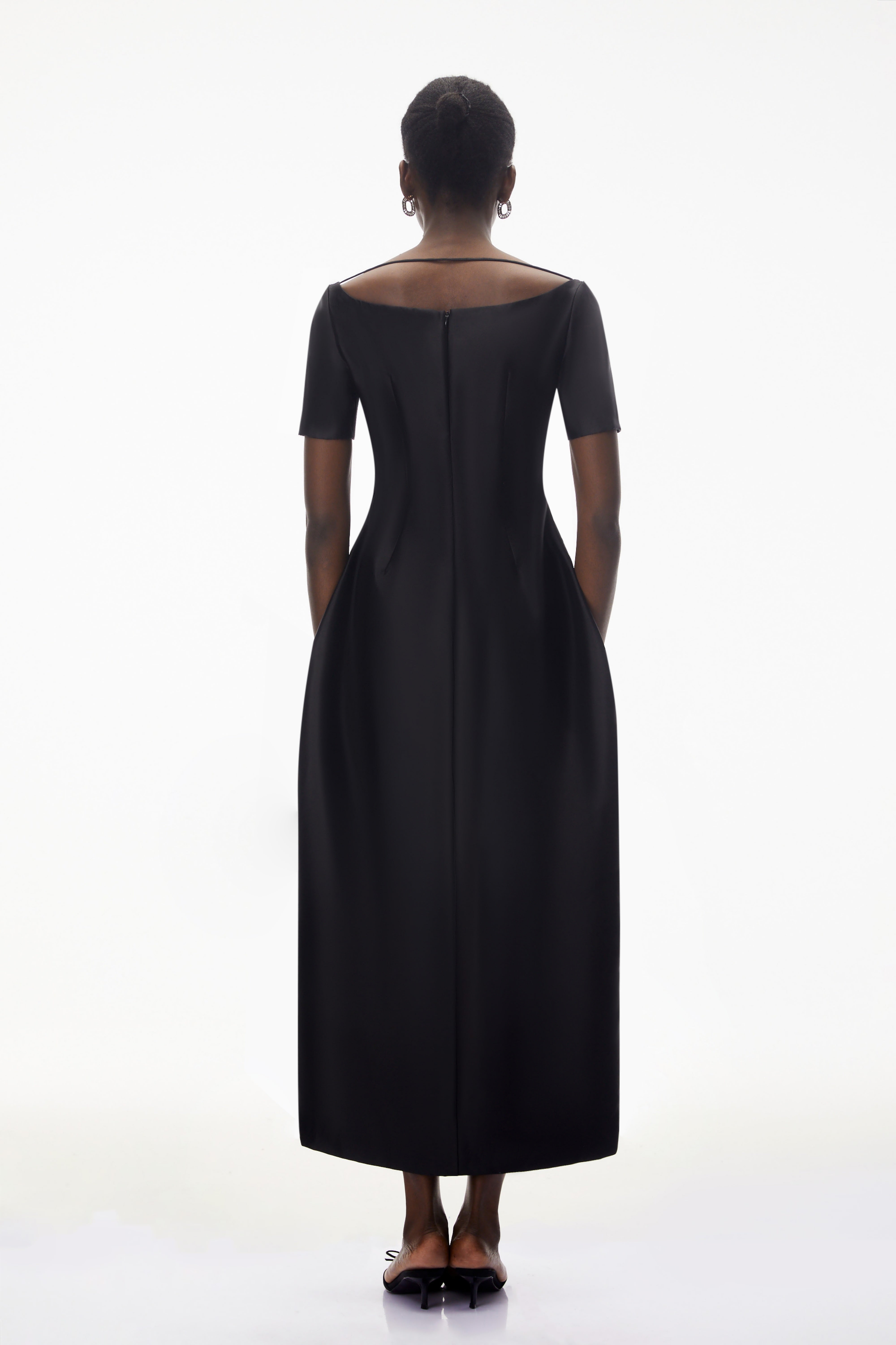 Black Off-the-Shoulder High-Low Midi Dress with Deep V-Neck and Balloon Skirt