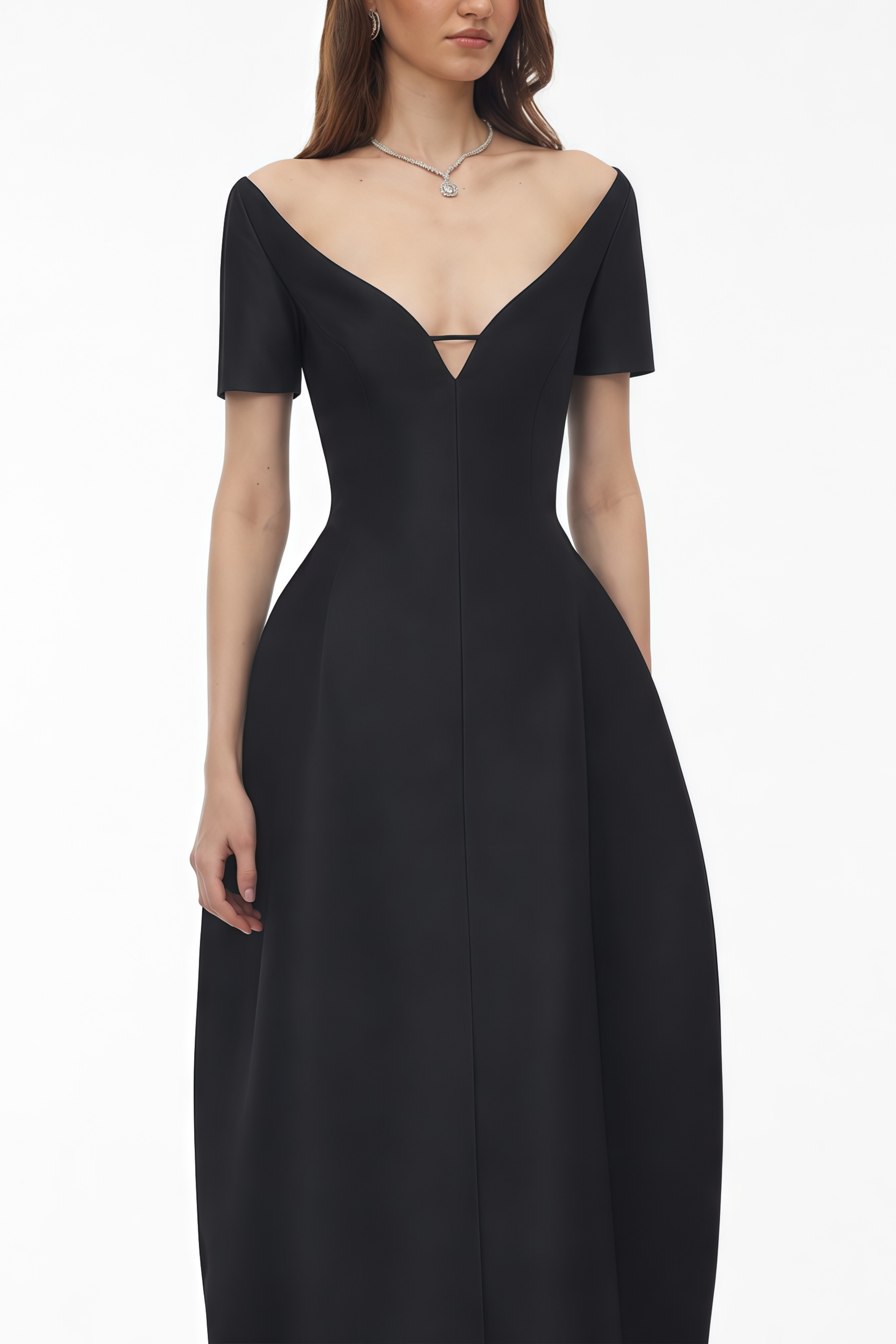 Black Off-the-Shoulder High-Low Midi Dress with Deep V-Neck and Balloon Skirt