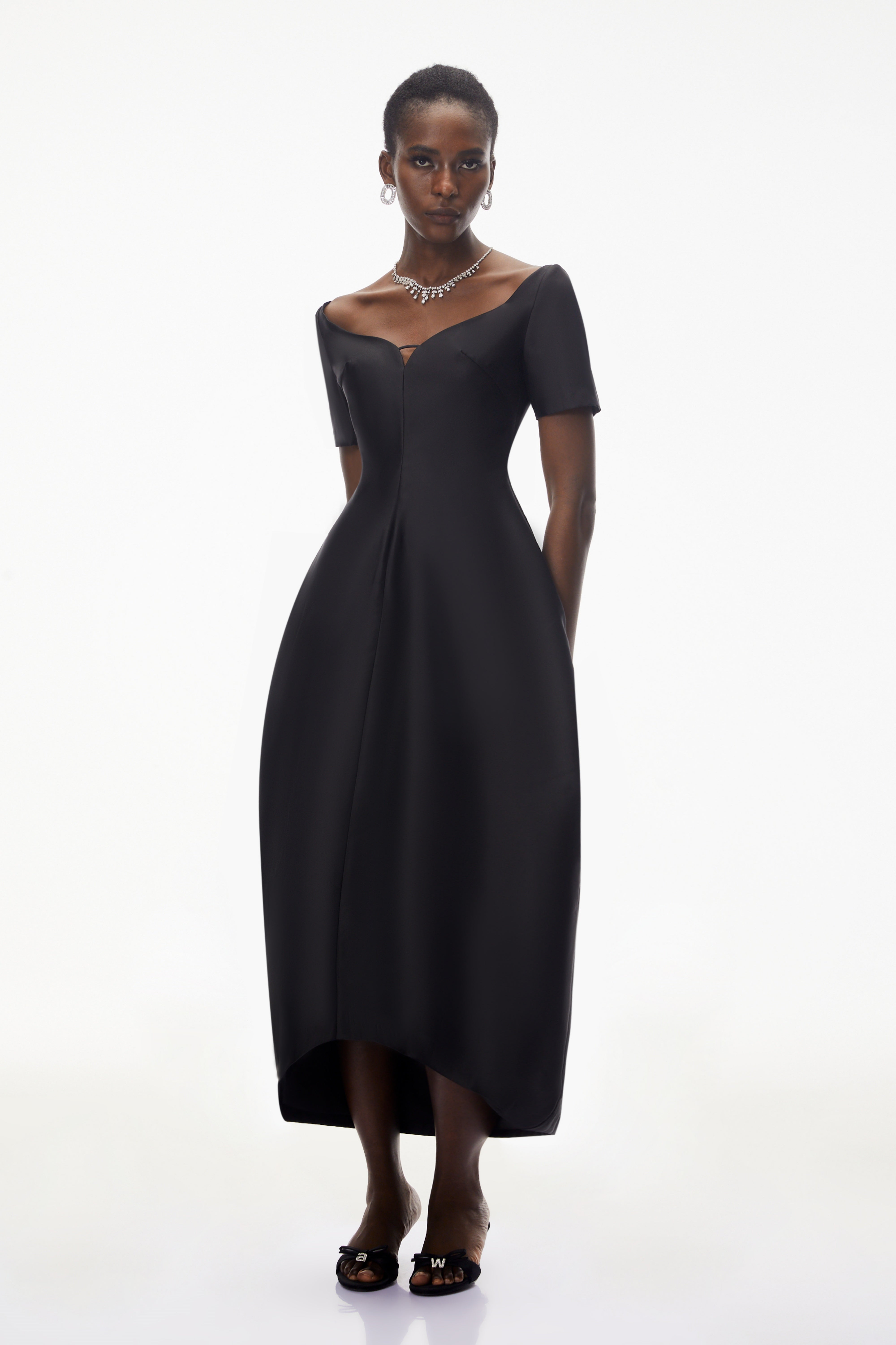 Black Off-the-Shoulder High-Low Midi Dress with Deep V-Neck and Balloon Skirt