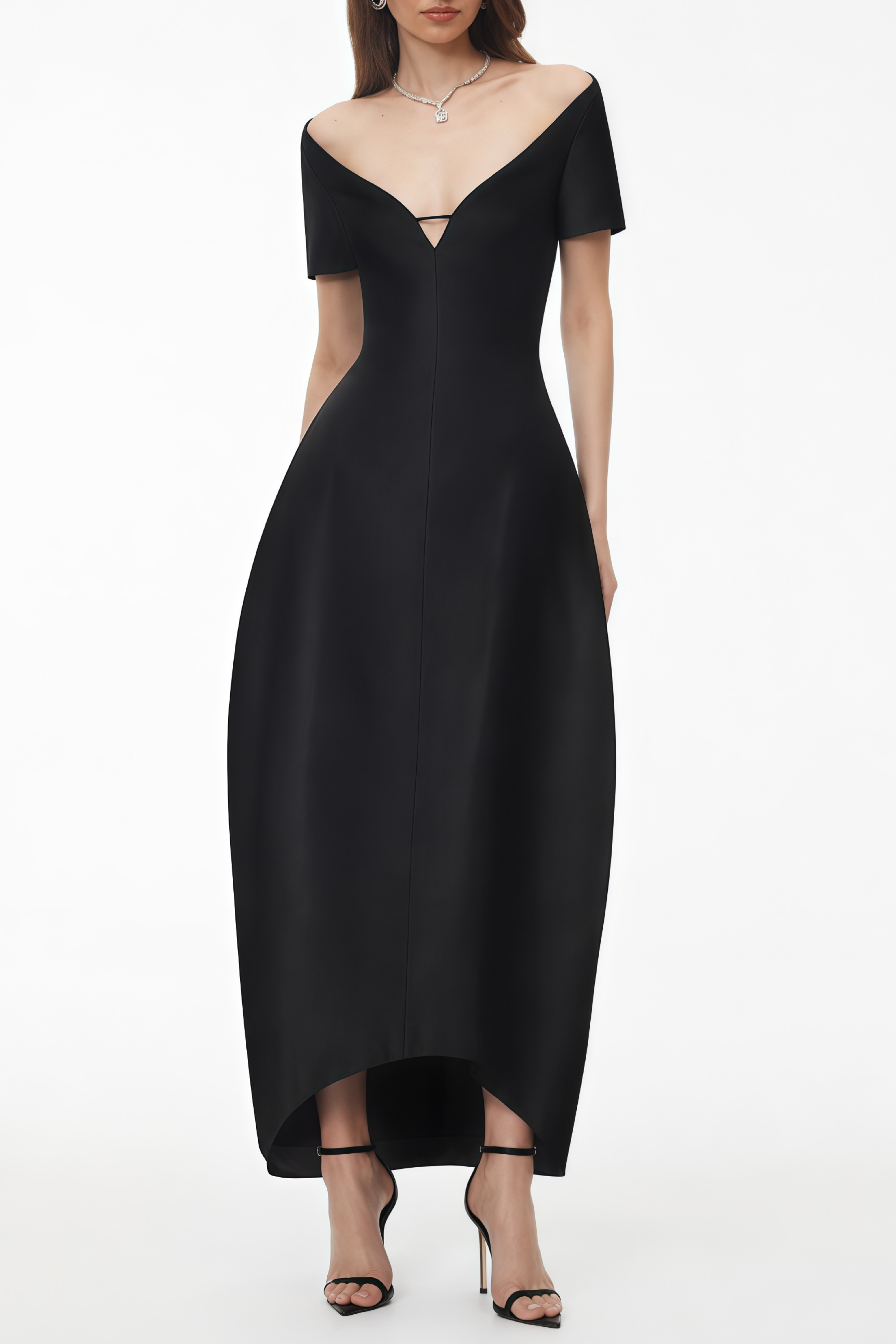 Black Off-the-Shoulder High-Low Midi Dress with Deep V-Neck and Balloon Skirt