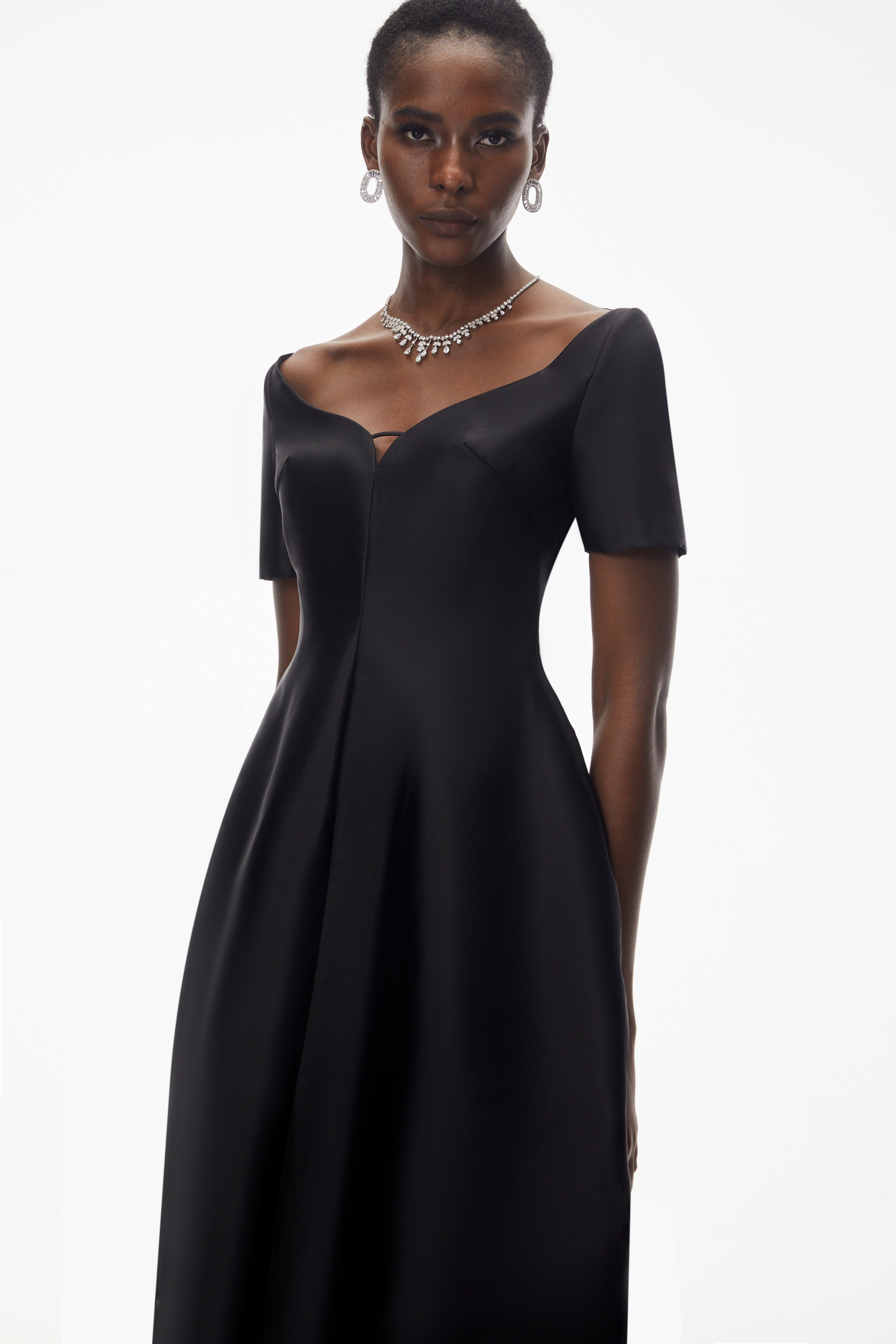 Black Off-the-Shoulder High-Low Midi Dress with Deep V-Neck and Balloon Skirt