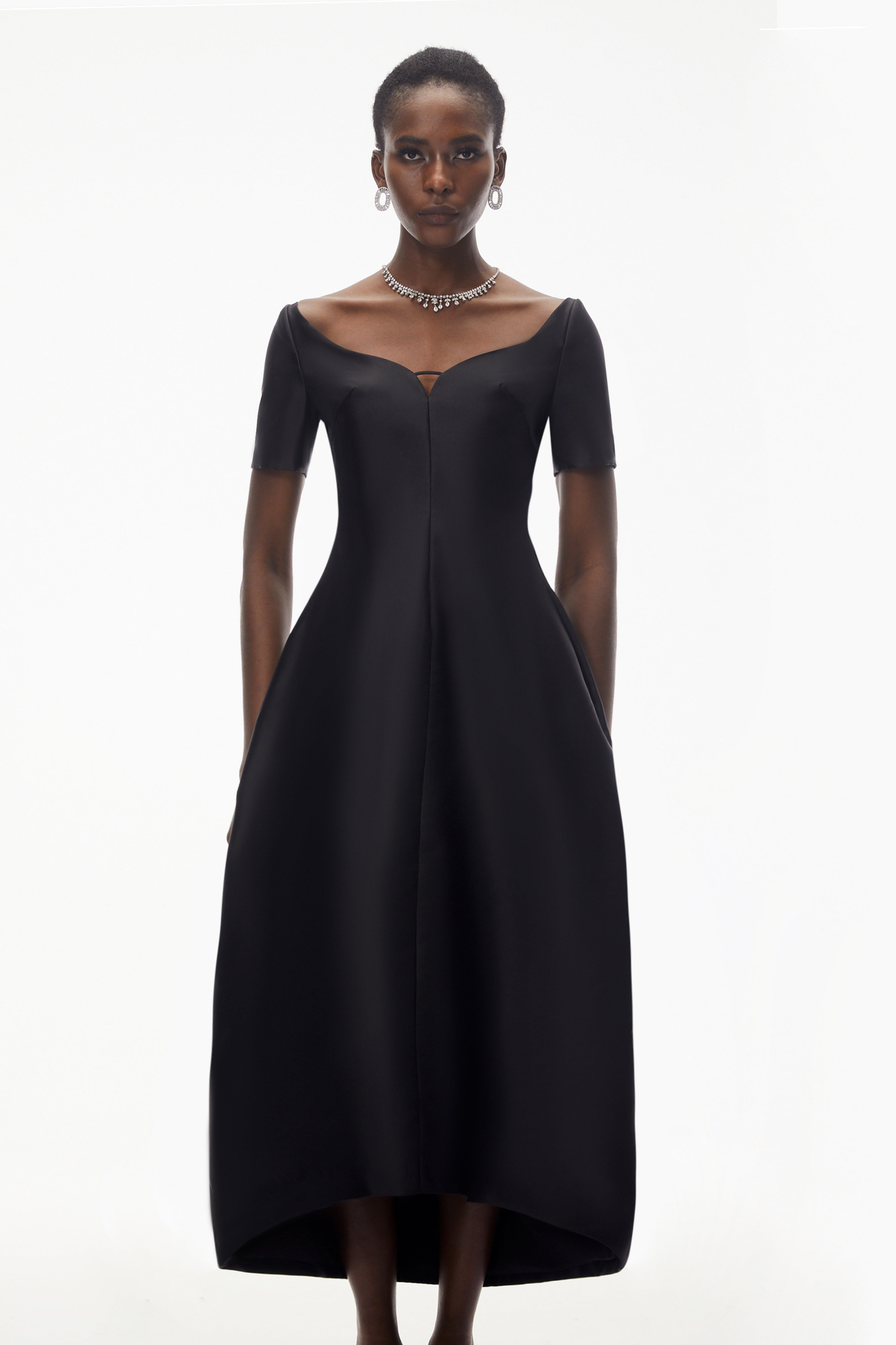 Black Off-the-Shoulder High-Low Midi Dress with Deep V-Neck and Balloon Skirt