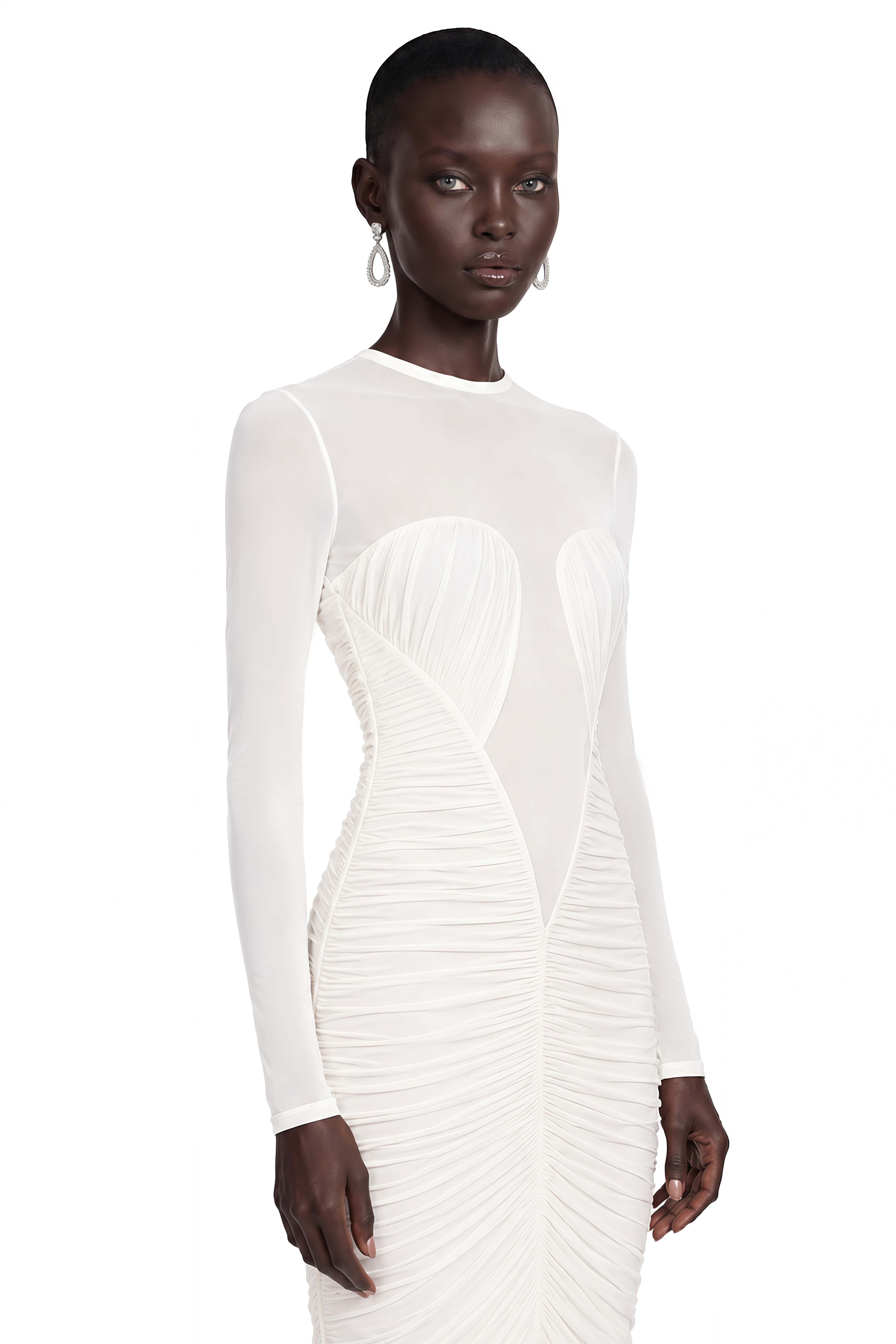 Helena White Semi-Sheer Ruched Maxi Dress