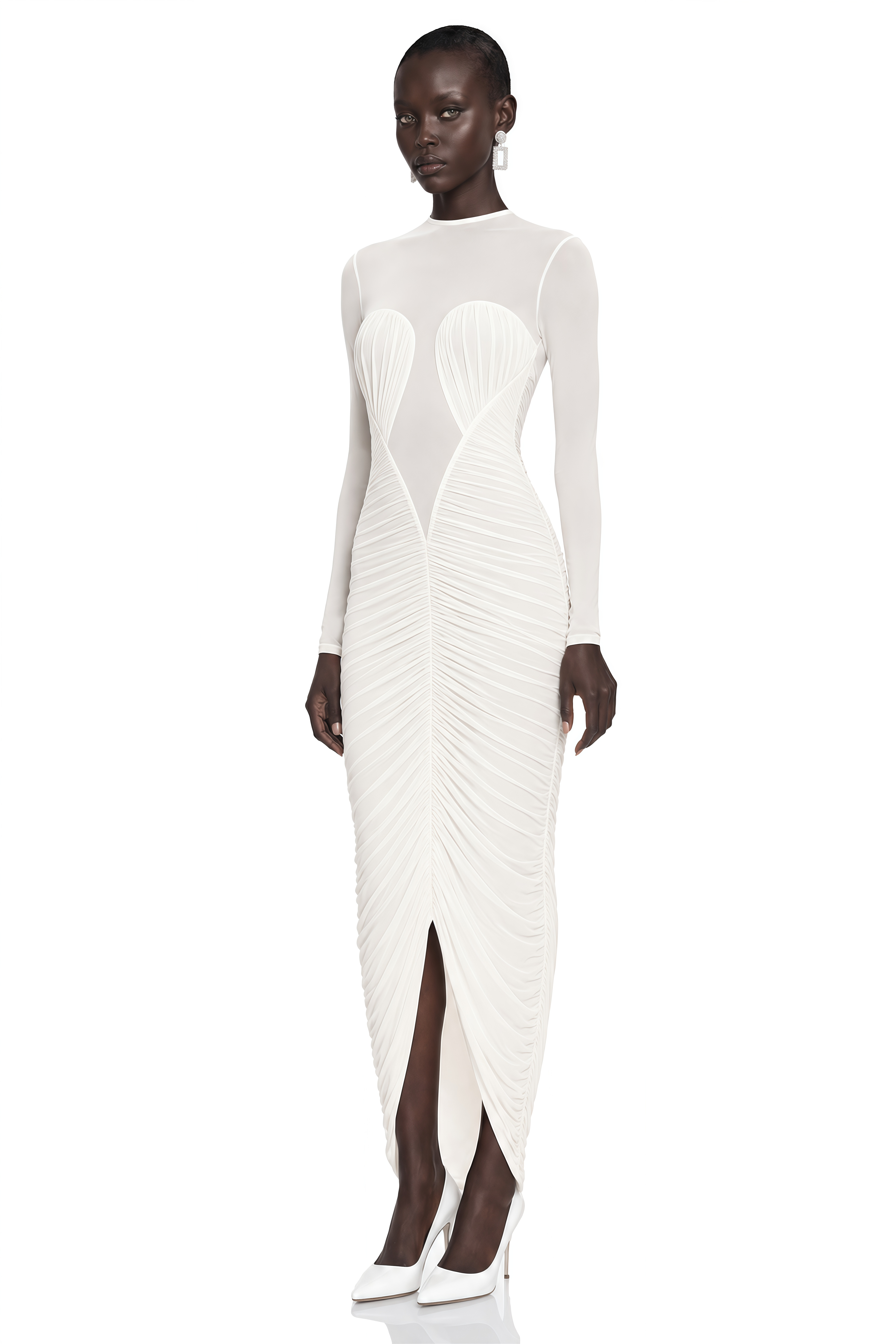 Helena White Semi-Sheer Ruched Maxi Dress