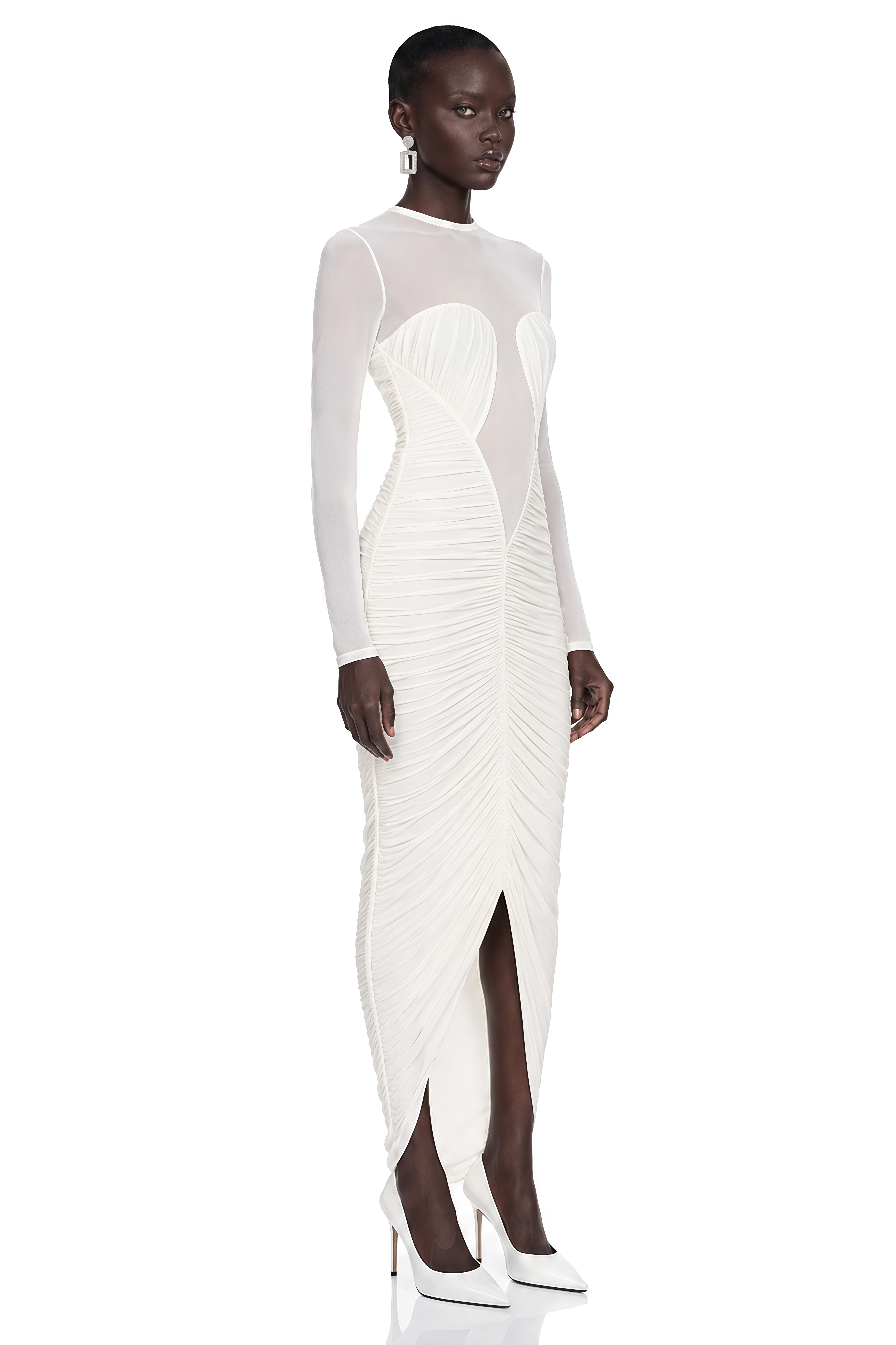 Helena White Semi-Sheer Ruched Maxi Dress