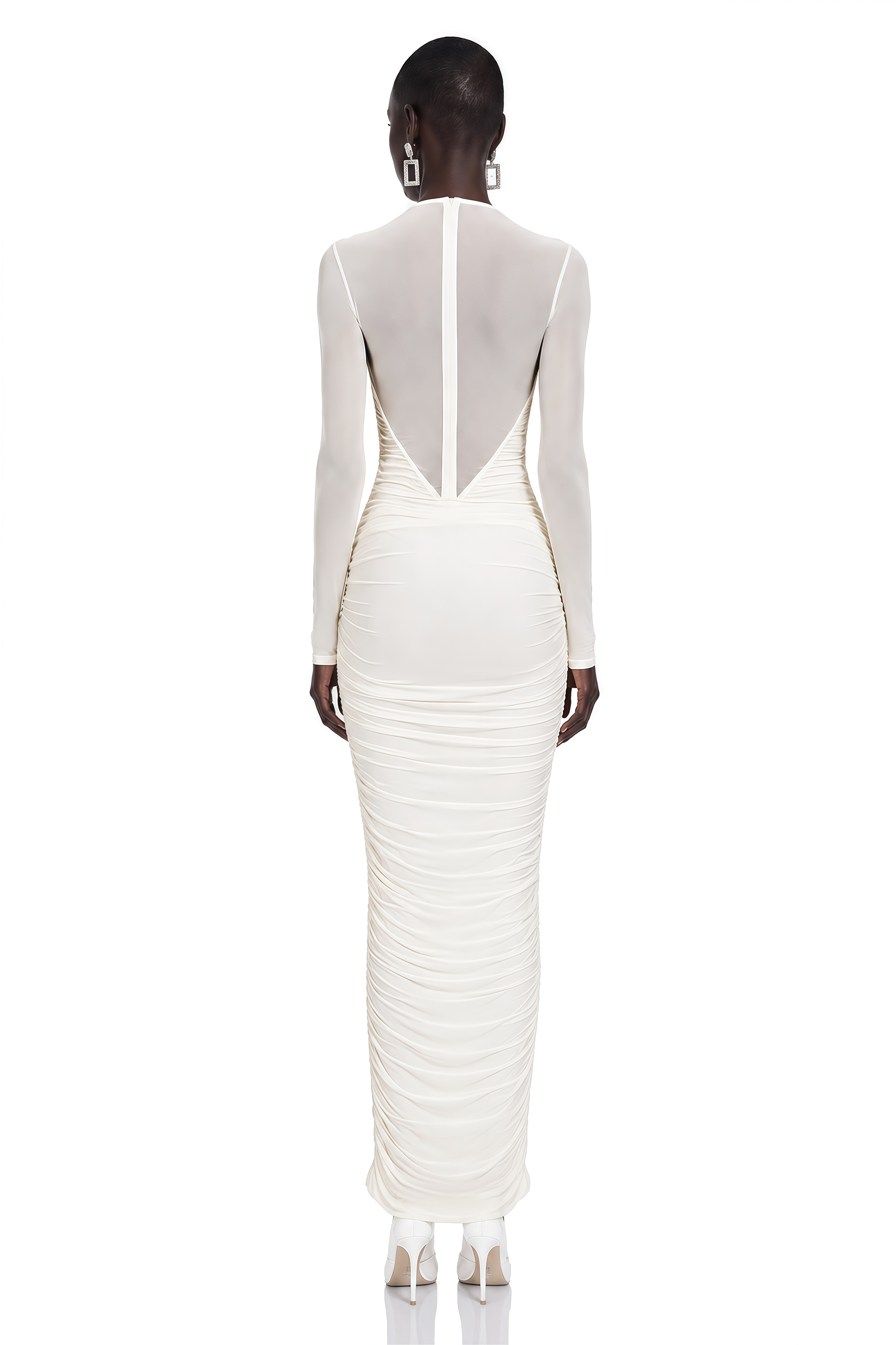Helena White Semi-Sheer Ruched Maxi Dress