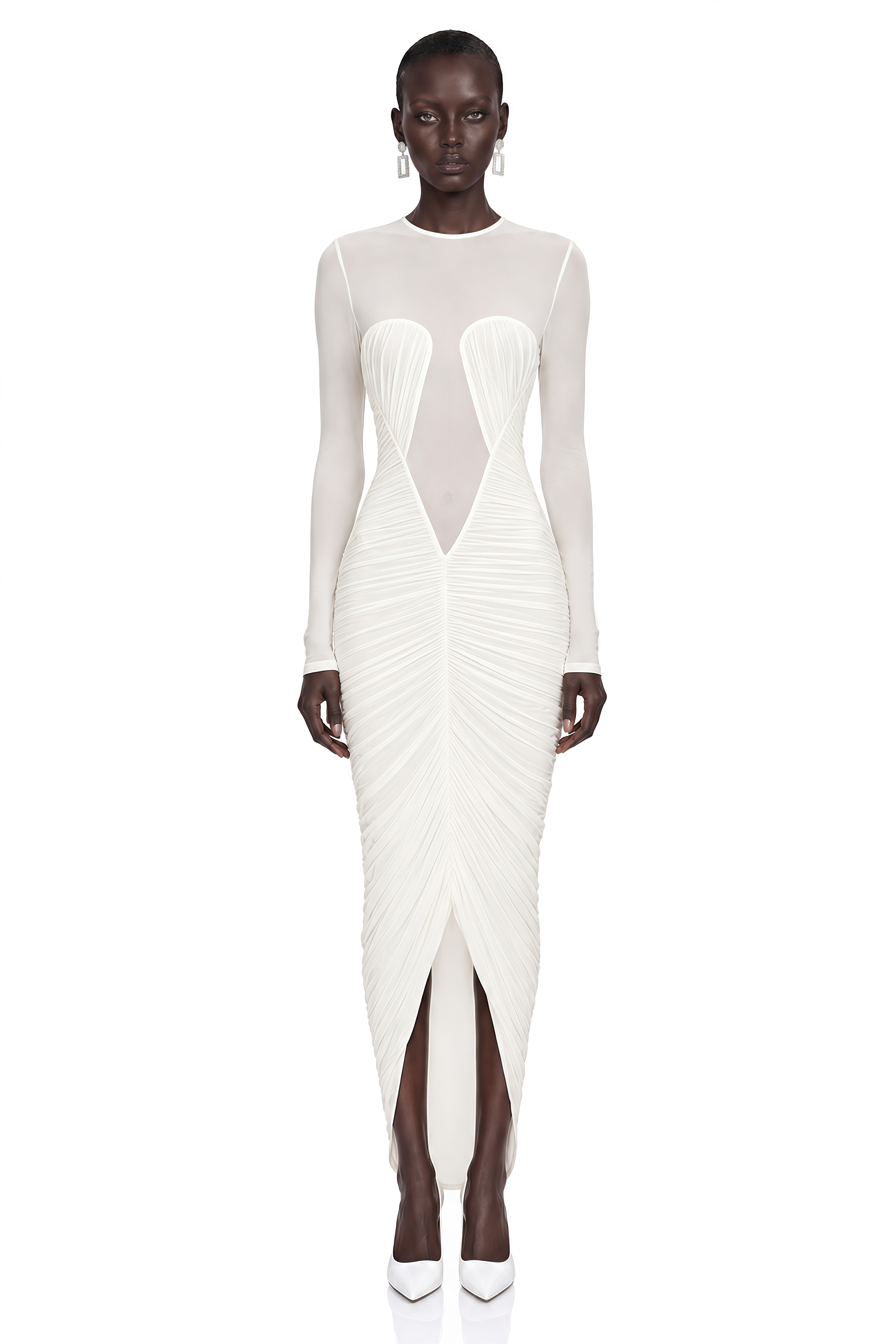 Helena White Semi-Sheer Ruched Maxi Dress
