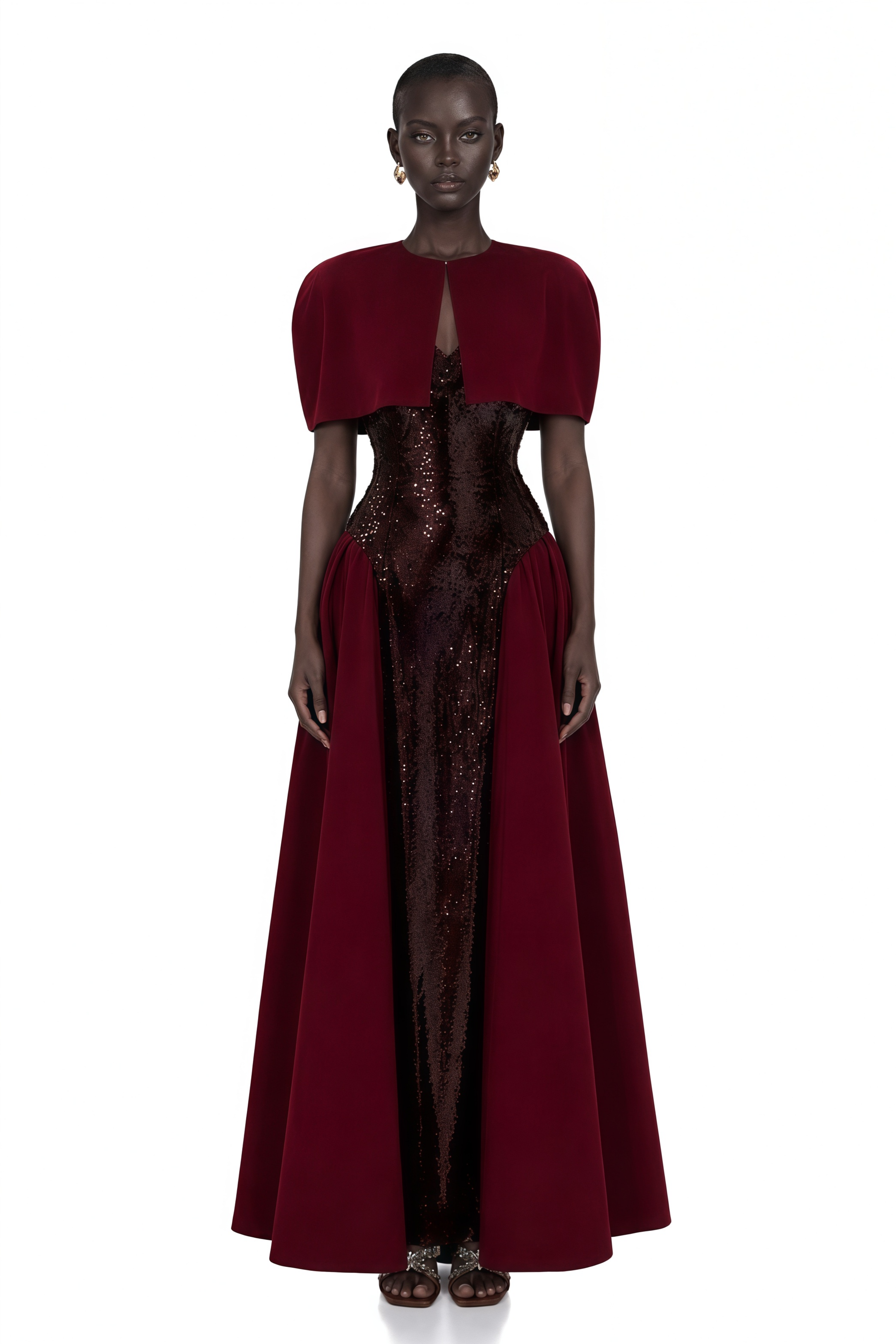 Henrietta Burgundy Sequin Maxi Dress with Cape – Miss Rosier
