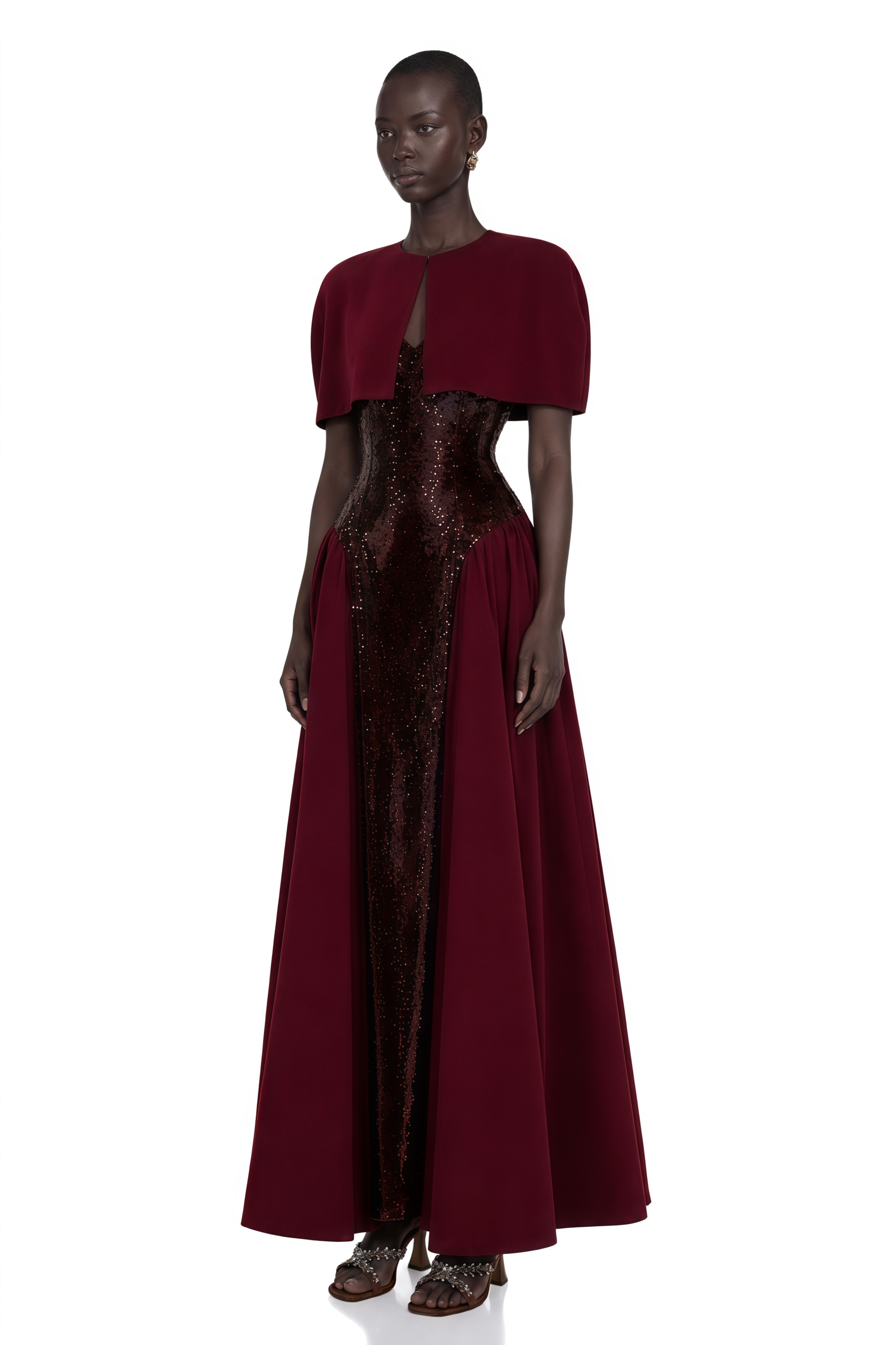 Henrietta Burgundy Sequin Maxi Dress with Cape
