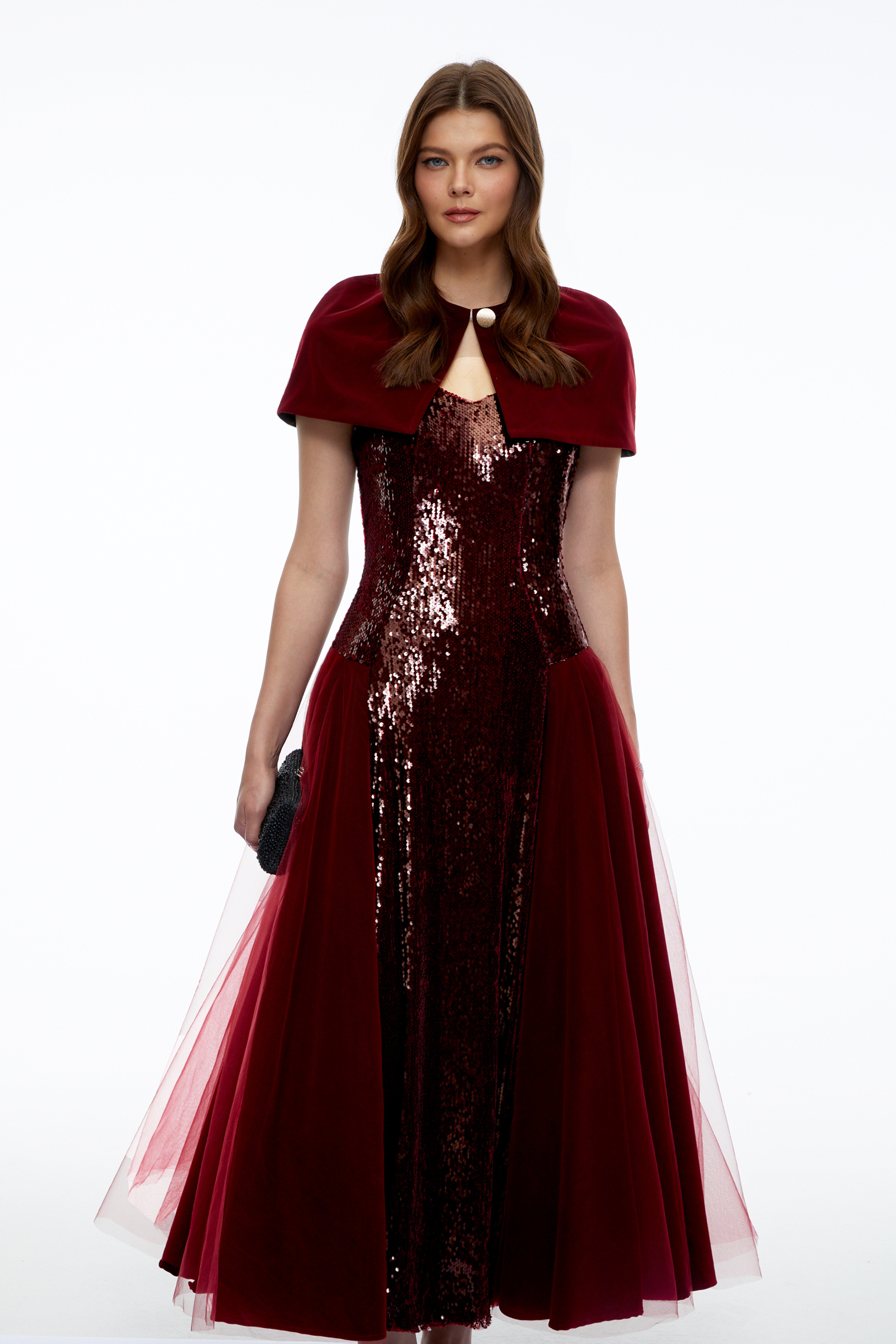 Henrietta Burgundy Sequin Maxi Dress with Cape