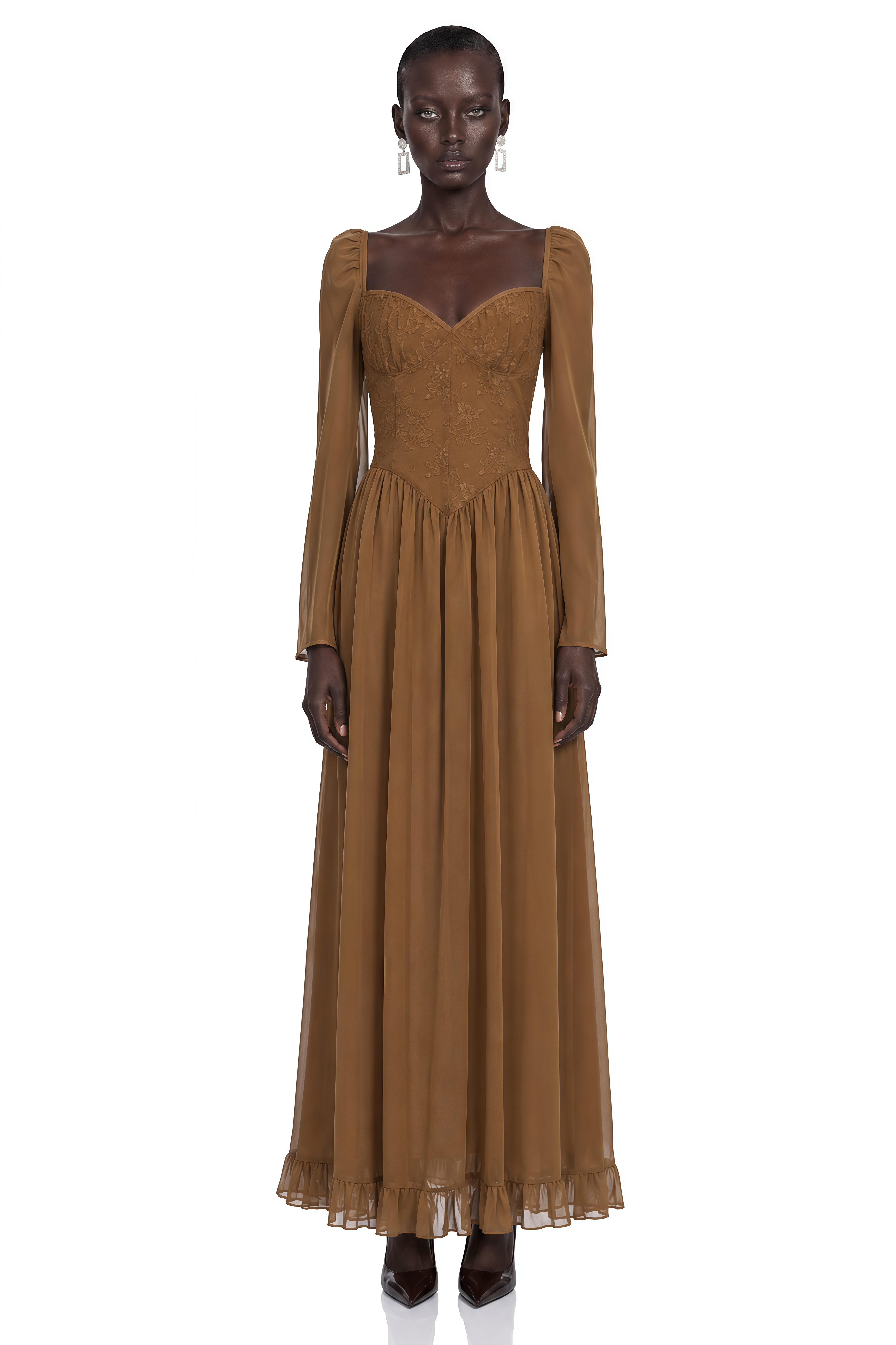 Hespera Brown Sheer Sleeve Corset Maxi Dress – Miss Rosier