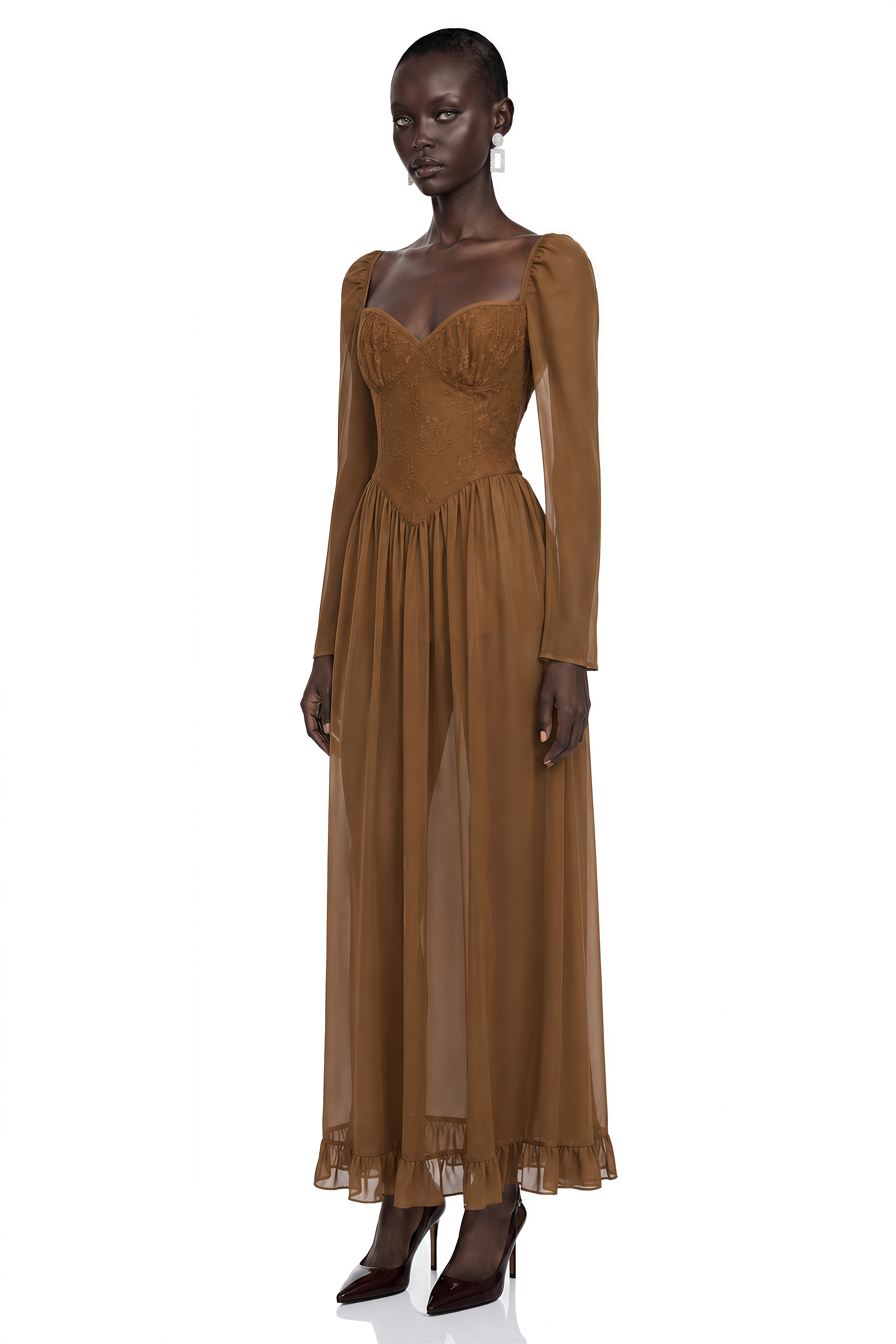 Hespera Brown Sheer Sleeve Corset Maxi Dress