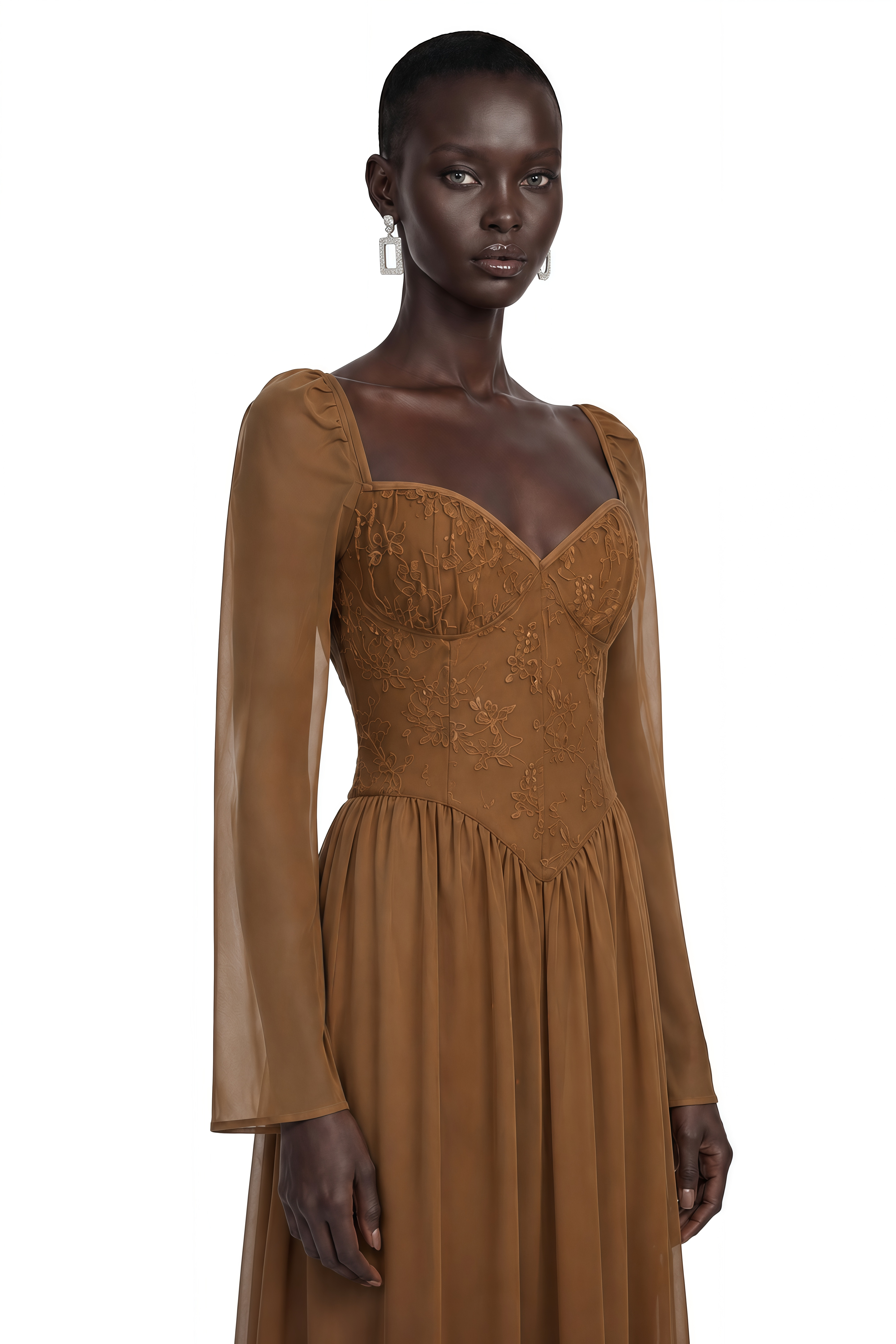 Hespera Brown Sheer Sleeve Corset Maxi Dress