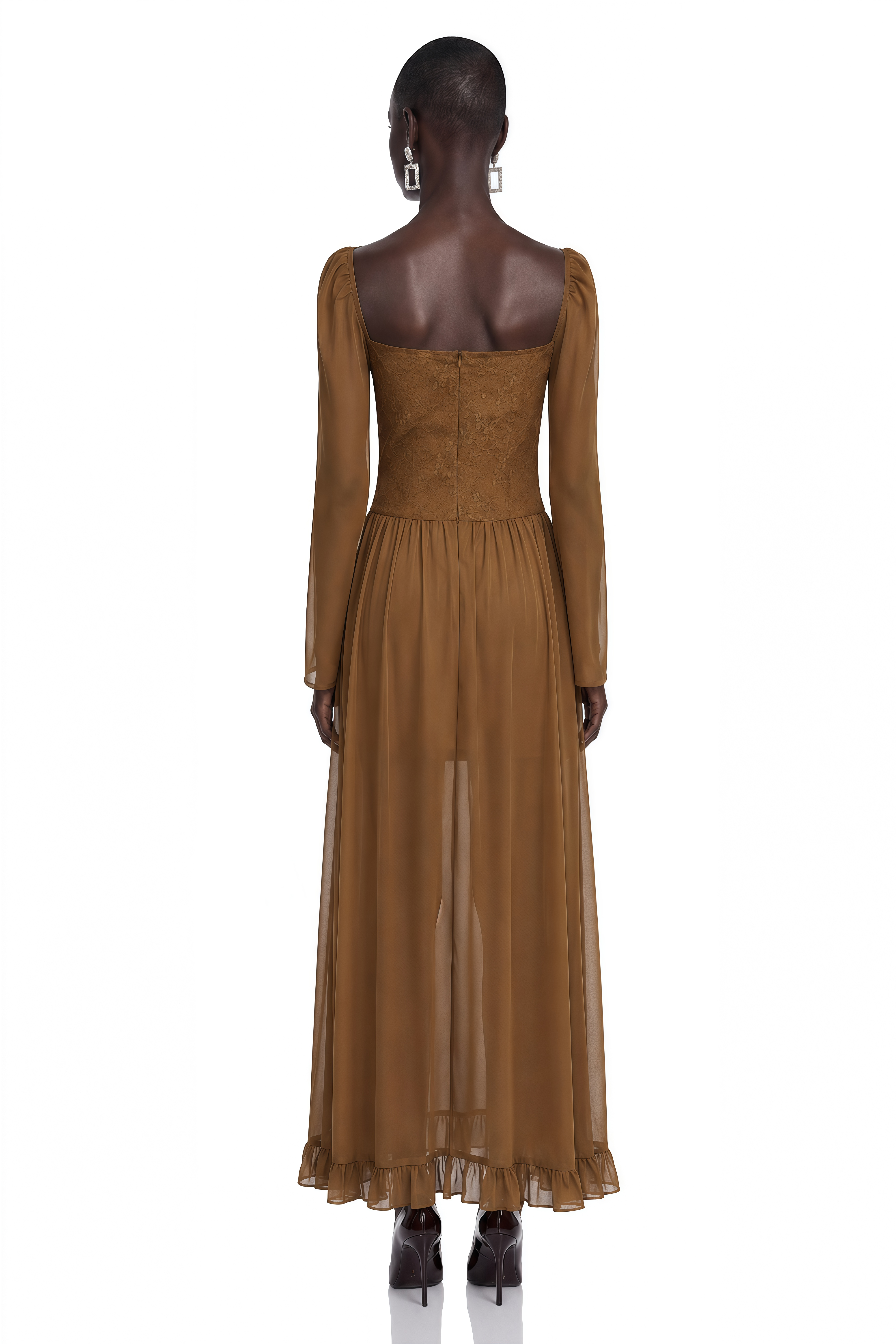 Hespera Brown Sheer Sleeve Corset Maxi Dress