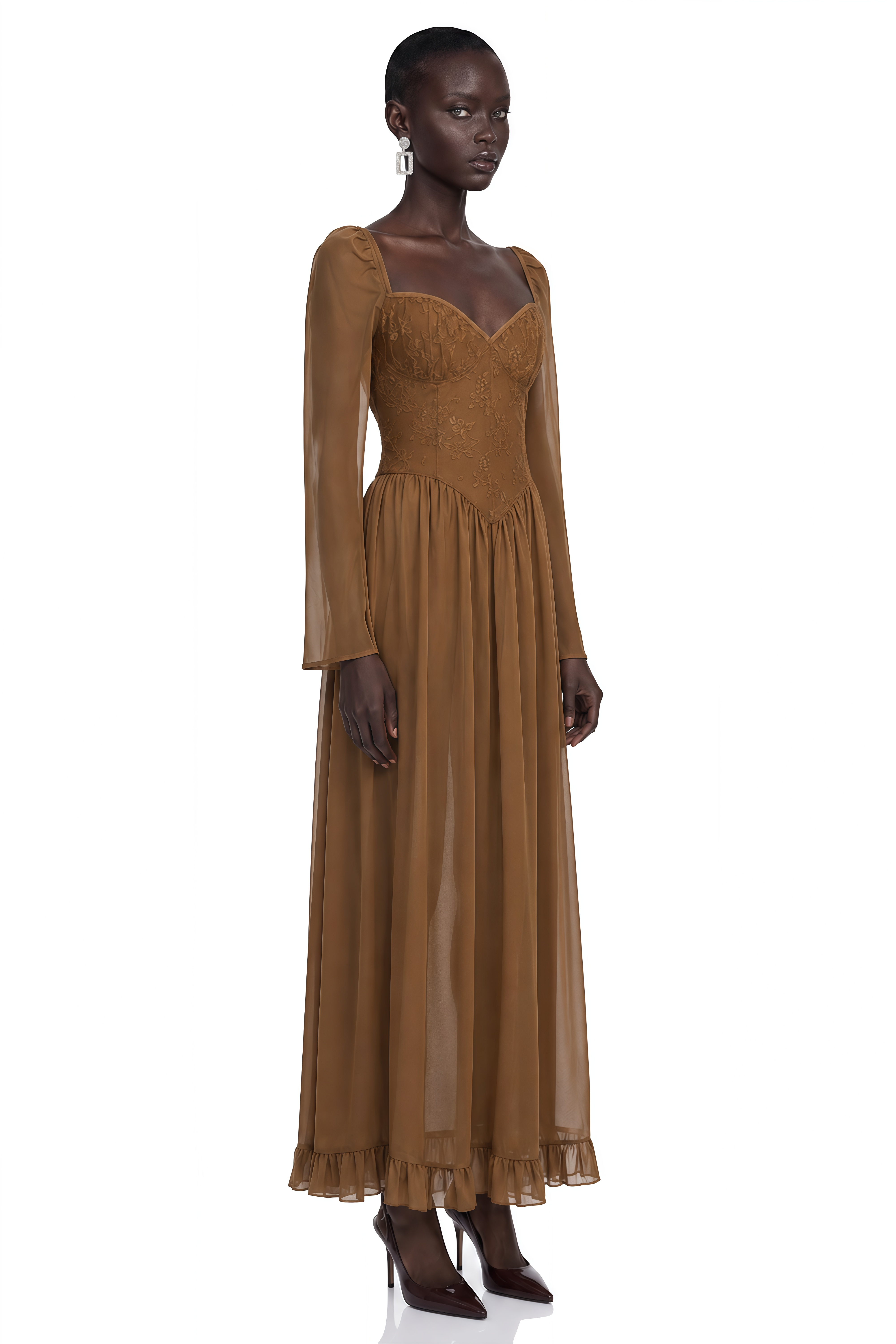Hespera Brown Sheer Sleeve Corset Maxi Dress