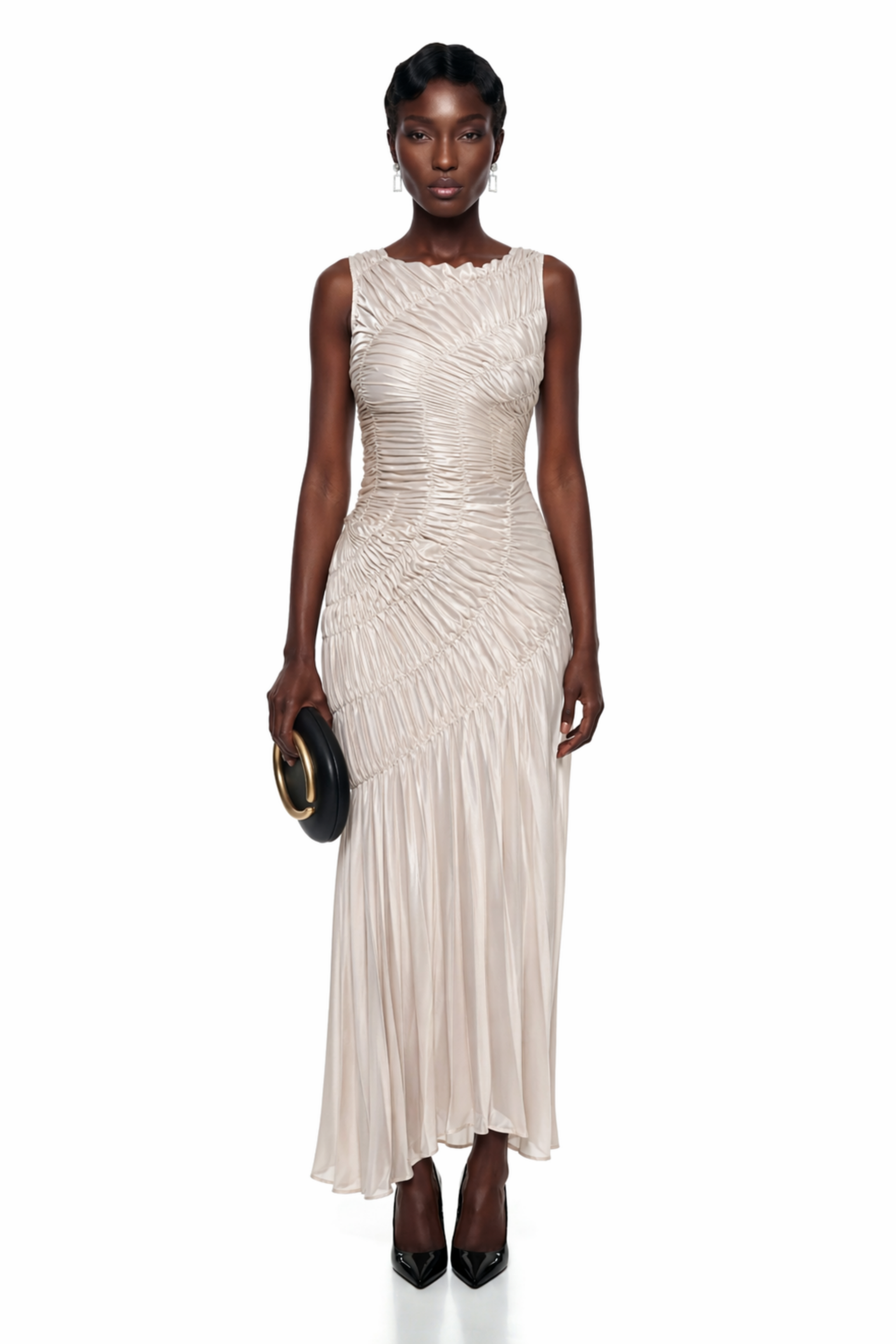 Champagne sleeveless maxi dress with diagonal ruched detailing and a pleated skirt