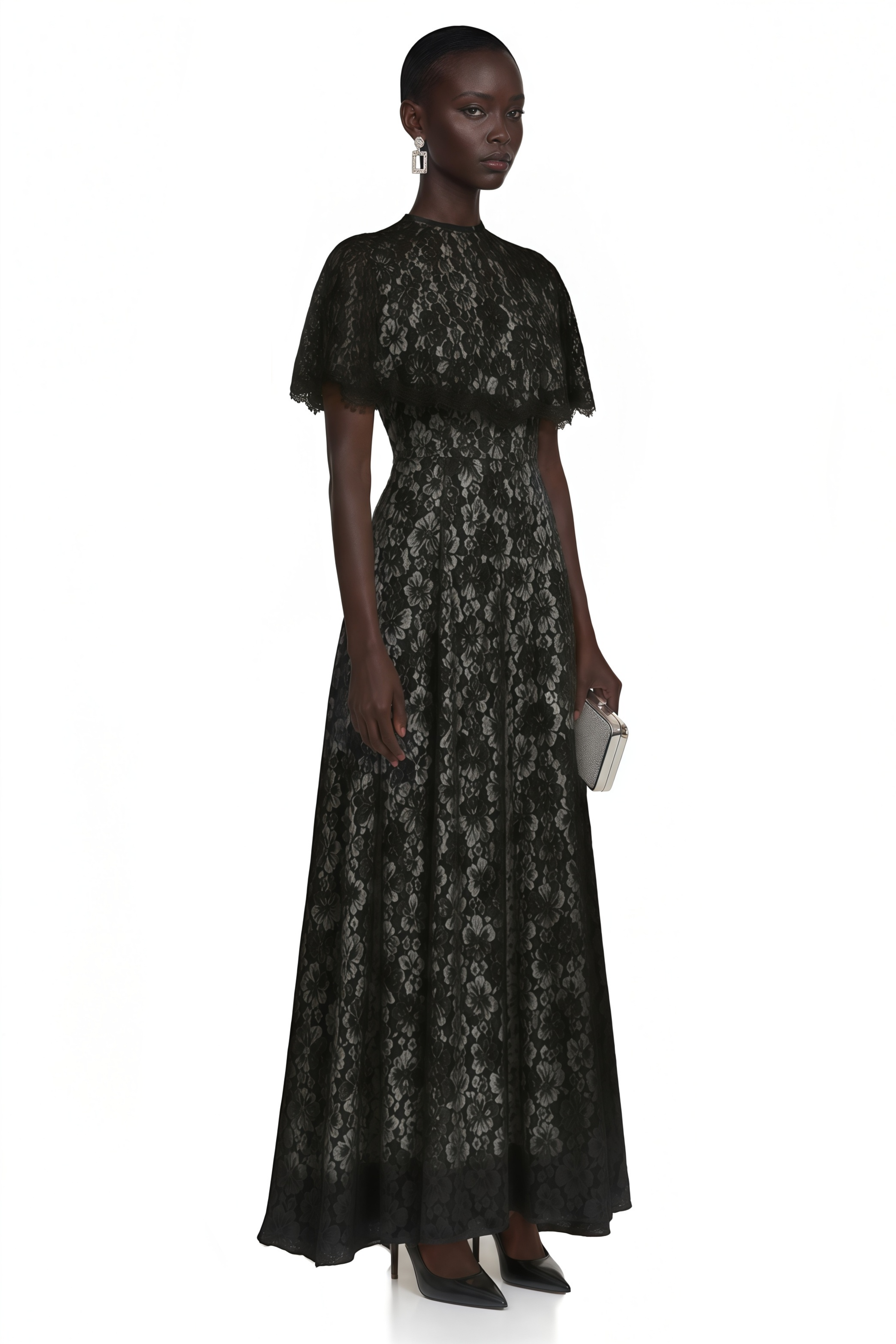Hikawera Black Lace Maxi Dress with Cape