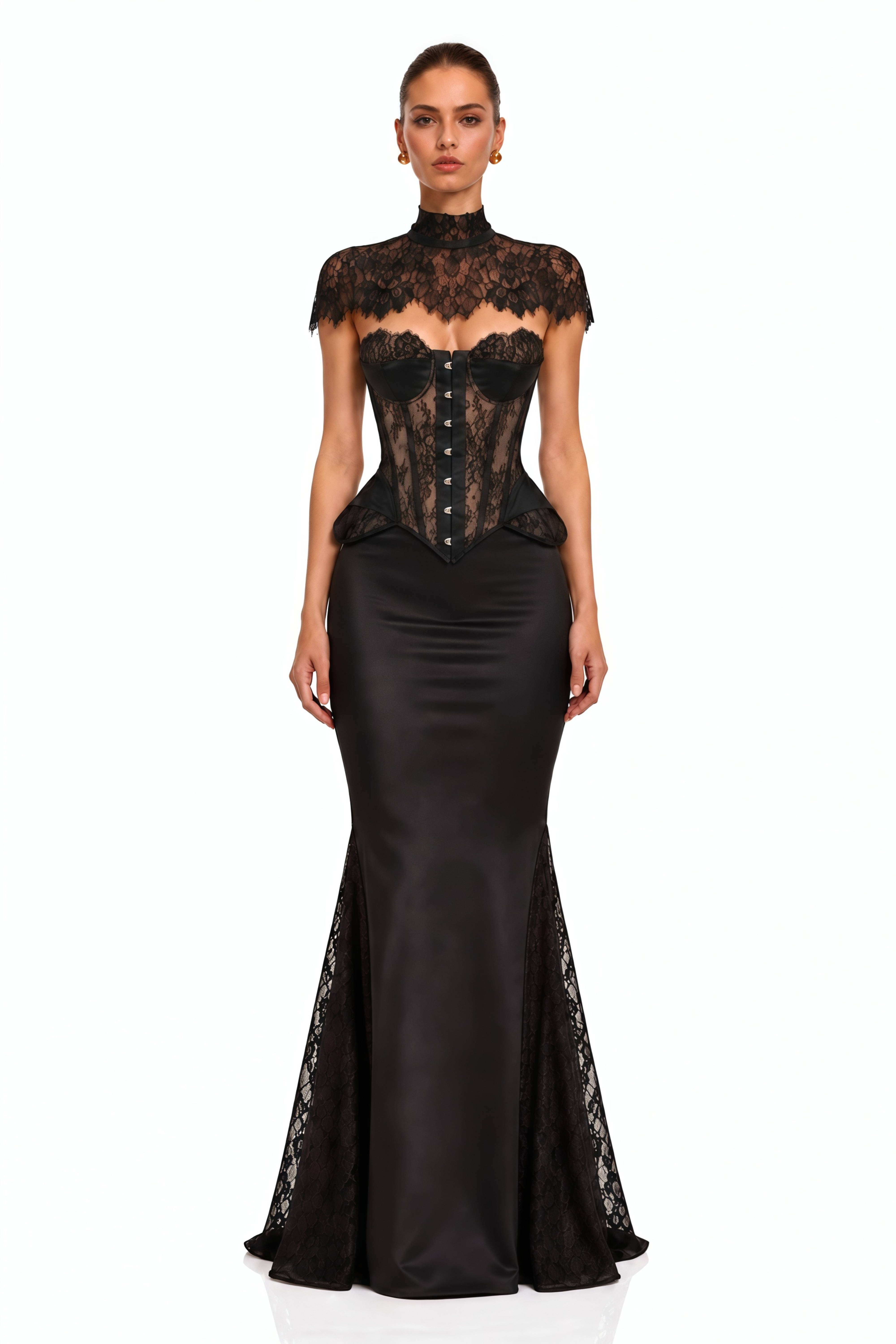 Hikma Black Corset Top & Skirt Set With Lace Cape