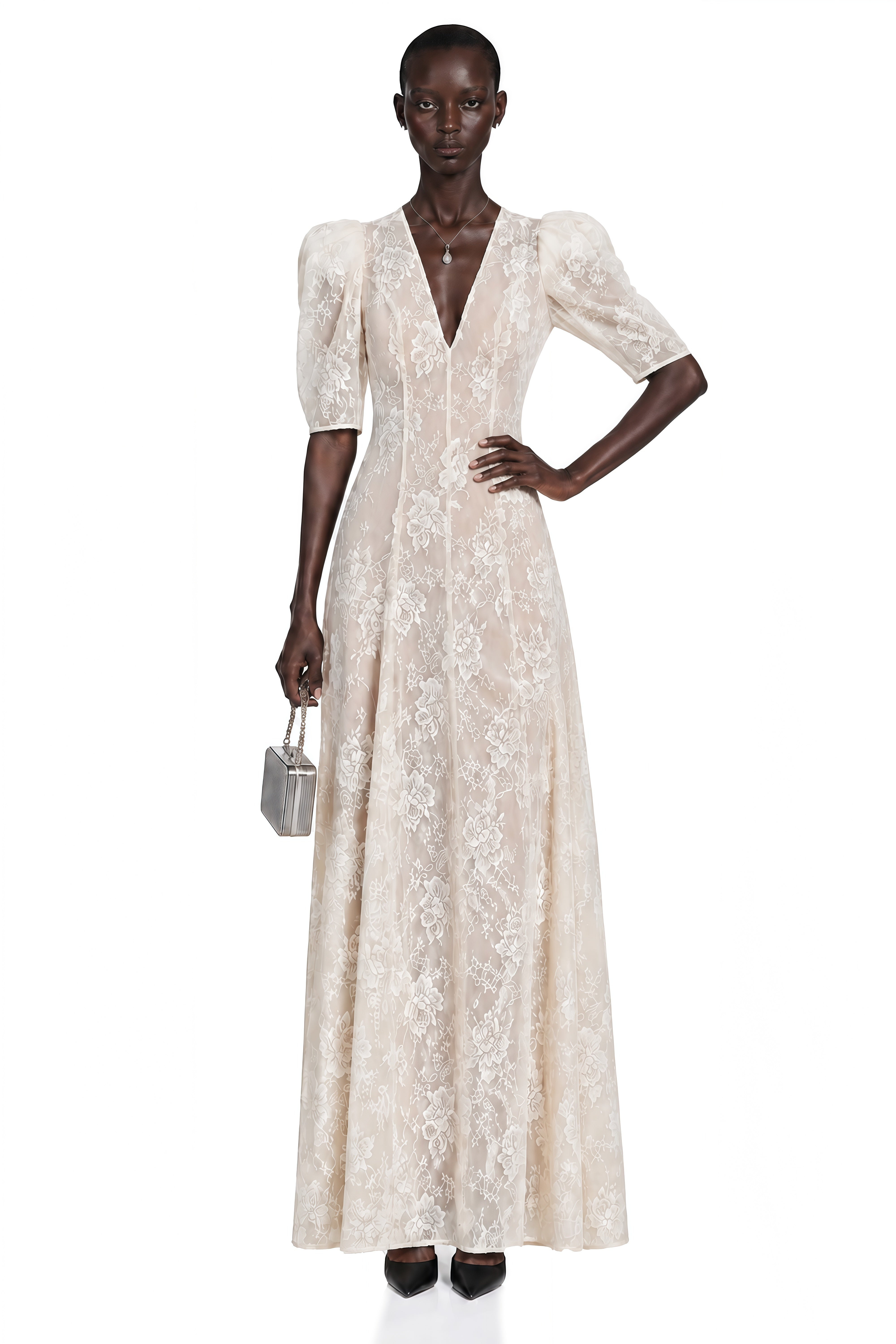 Hinekawa White V-Neck Lace Maxi Dress – Miss Rosier - Women's