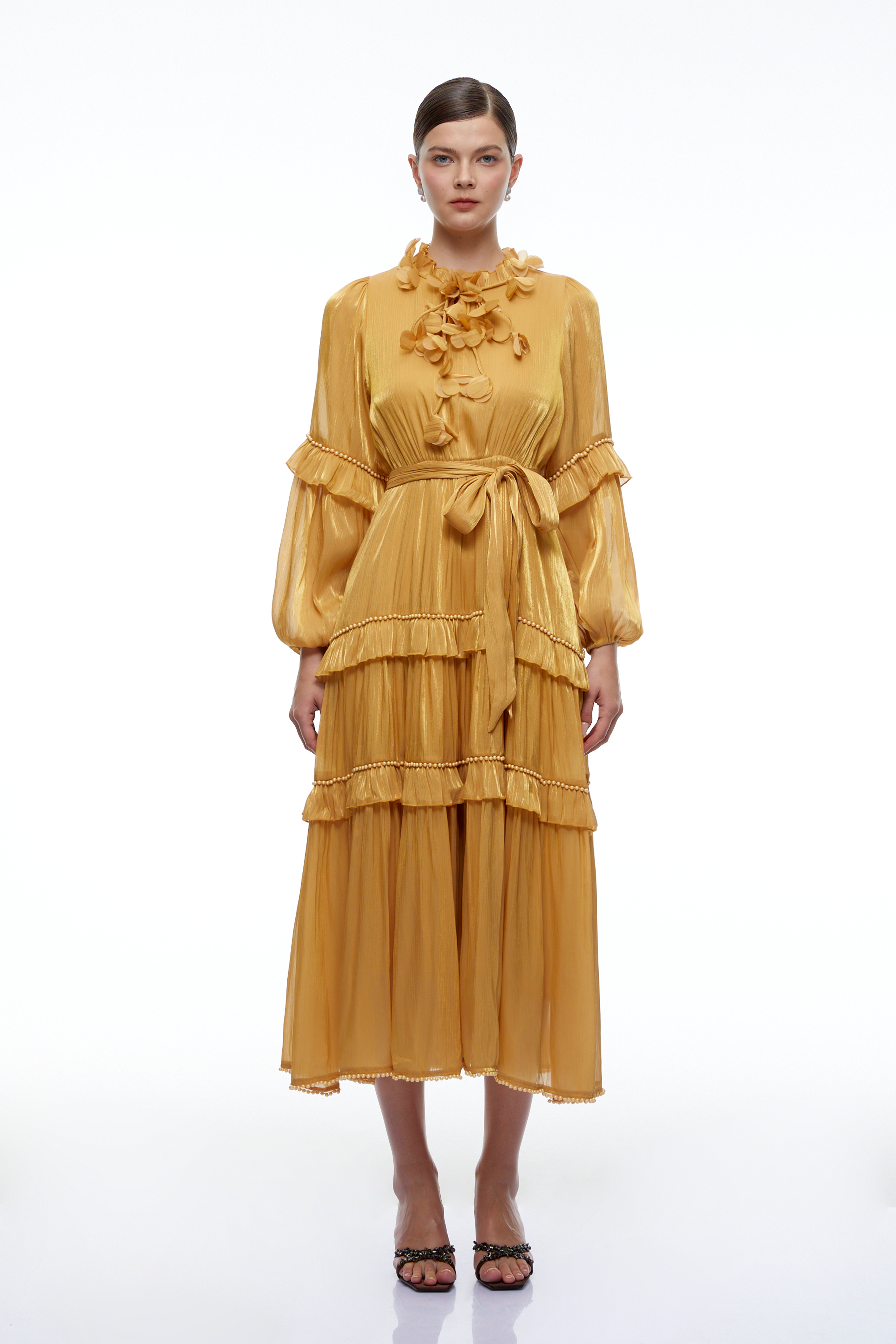 Honora Yellow High Neck Ruffle Tiered Midi Dress