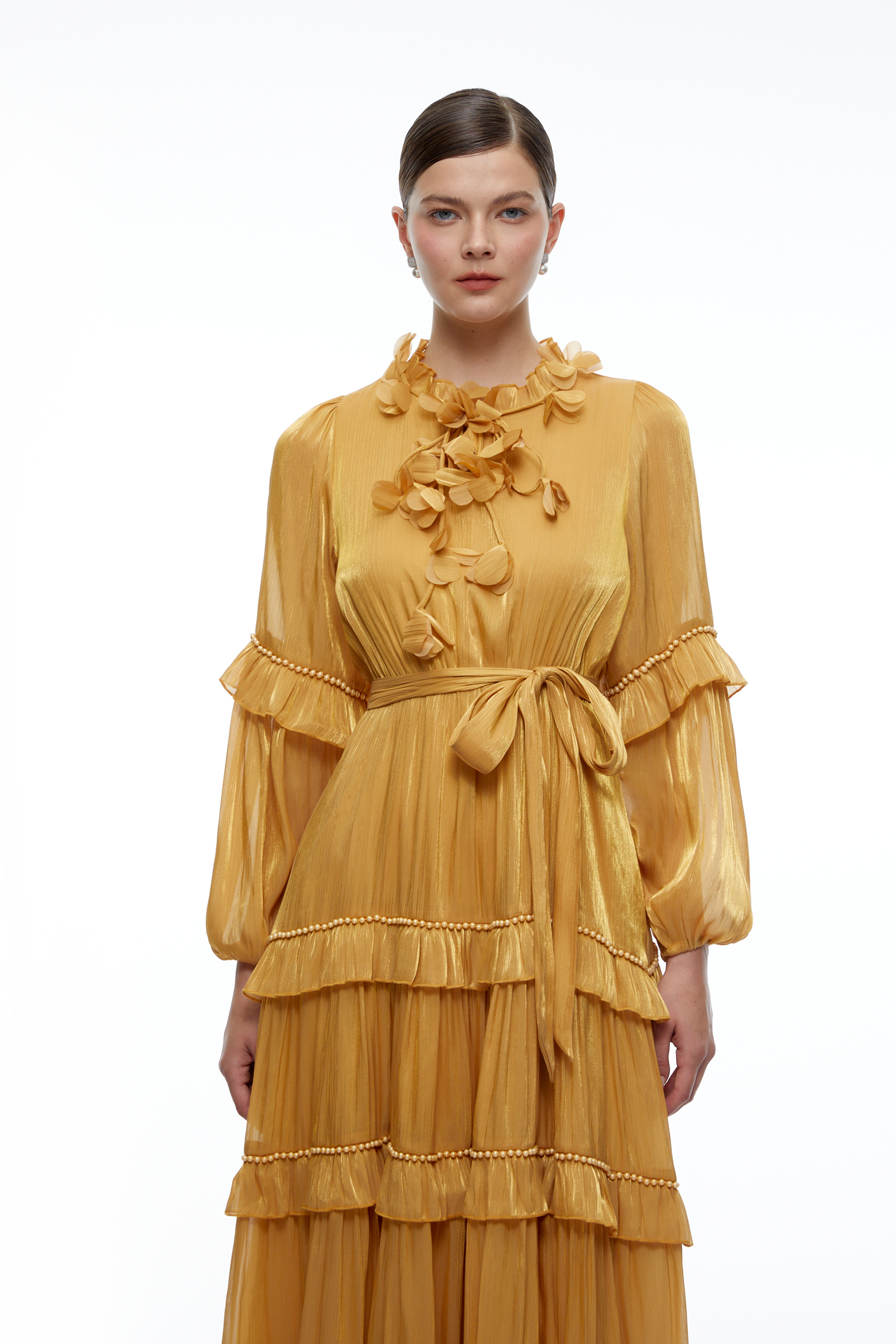 Honora Yellow High Neck Ruffle Tiered Midi Dress