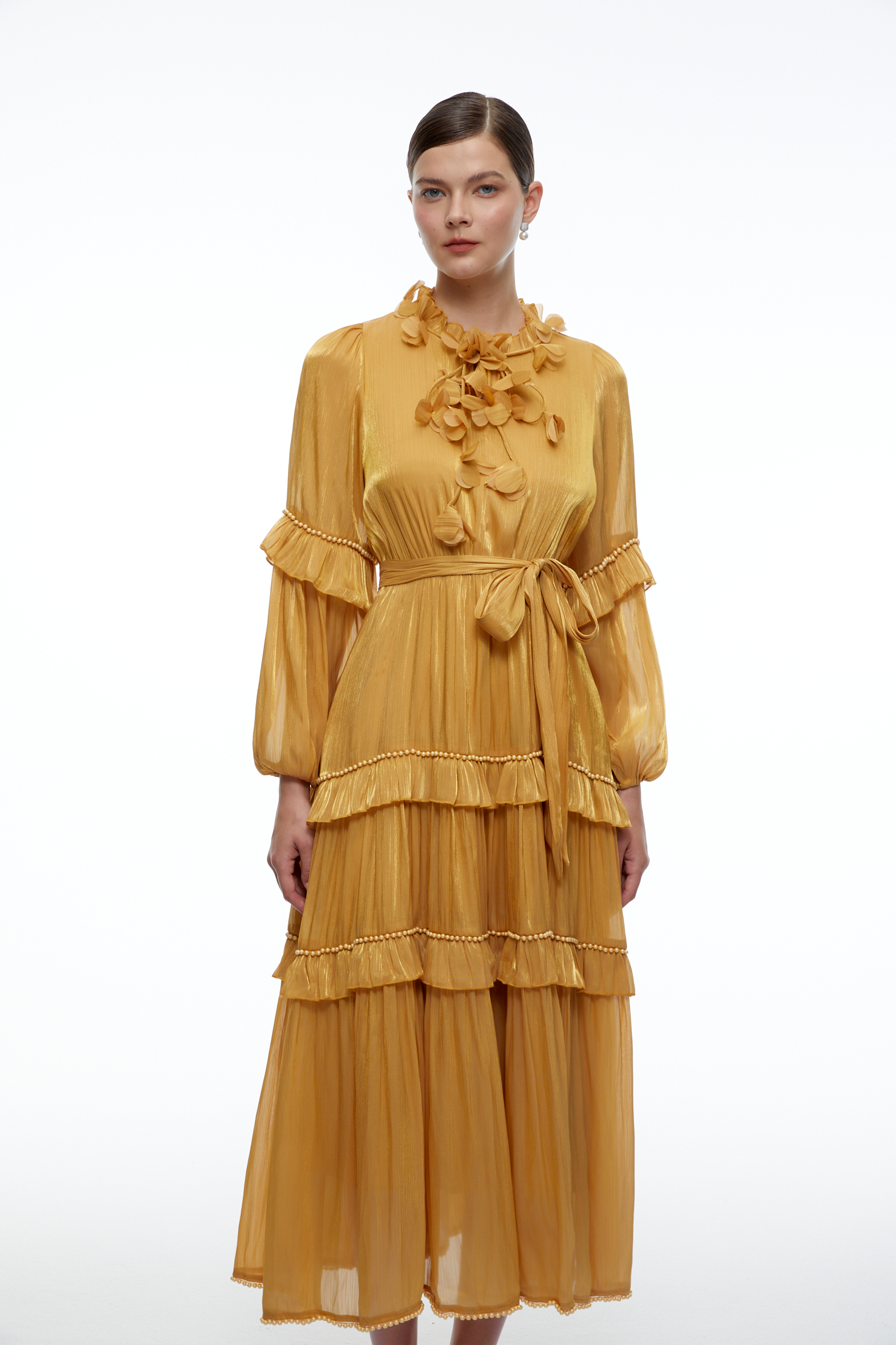 Honora Yellow High Neck Ruffle Tiered Midi Dress