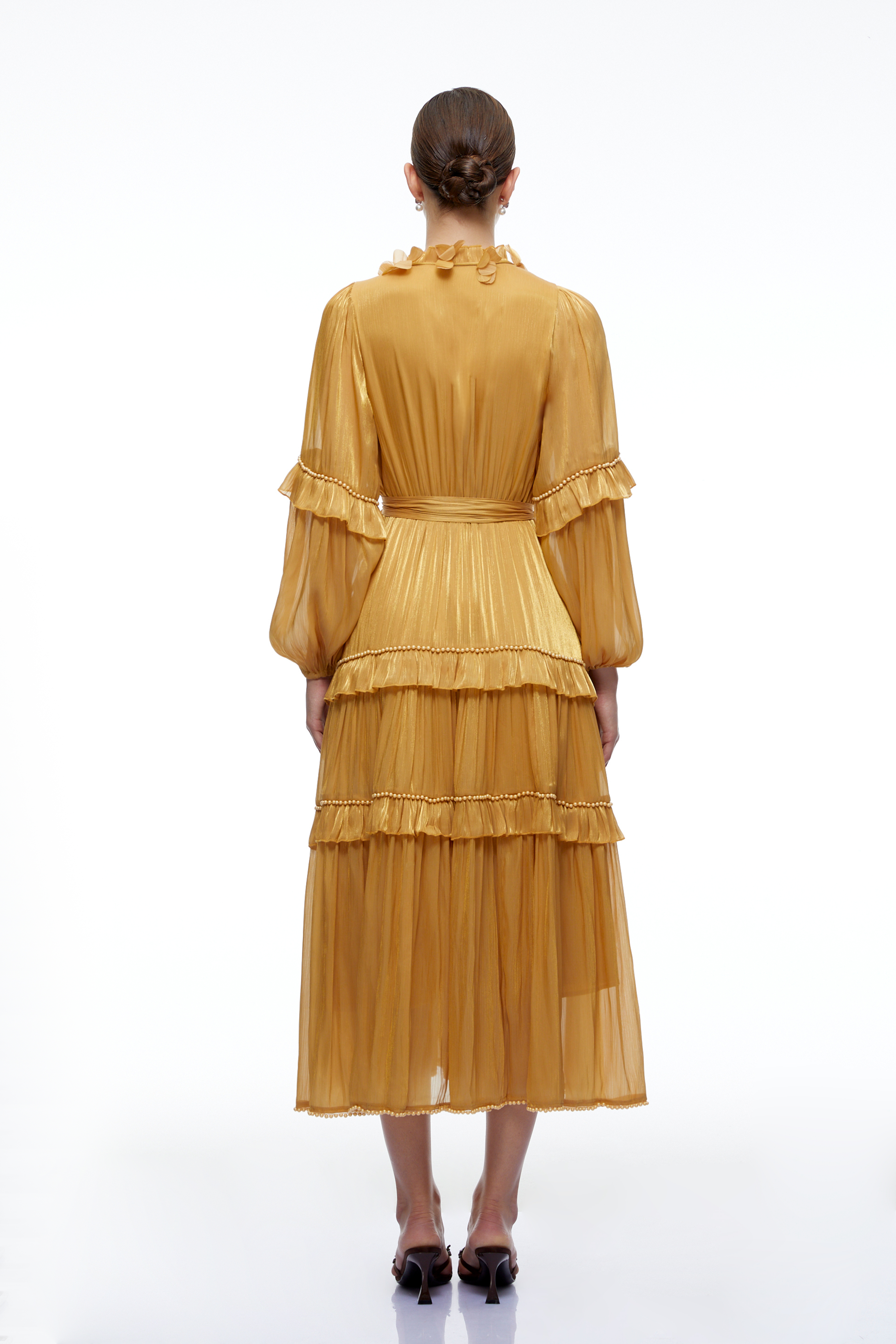 Honora Yellow High Neck Ruffle Tiered Midi Dress
