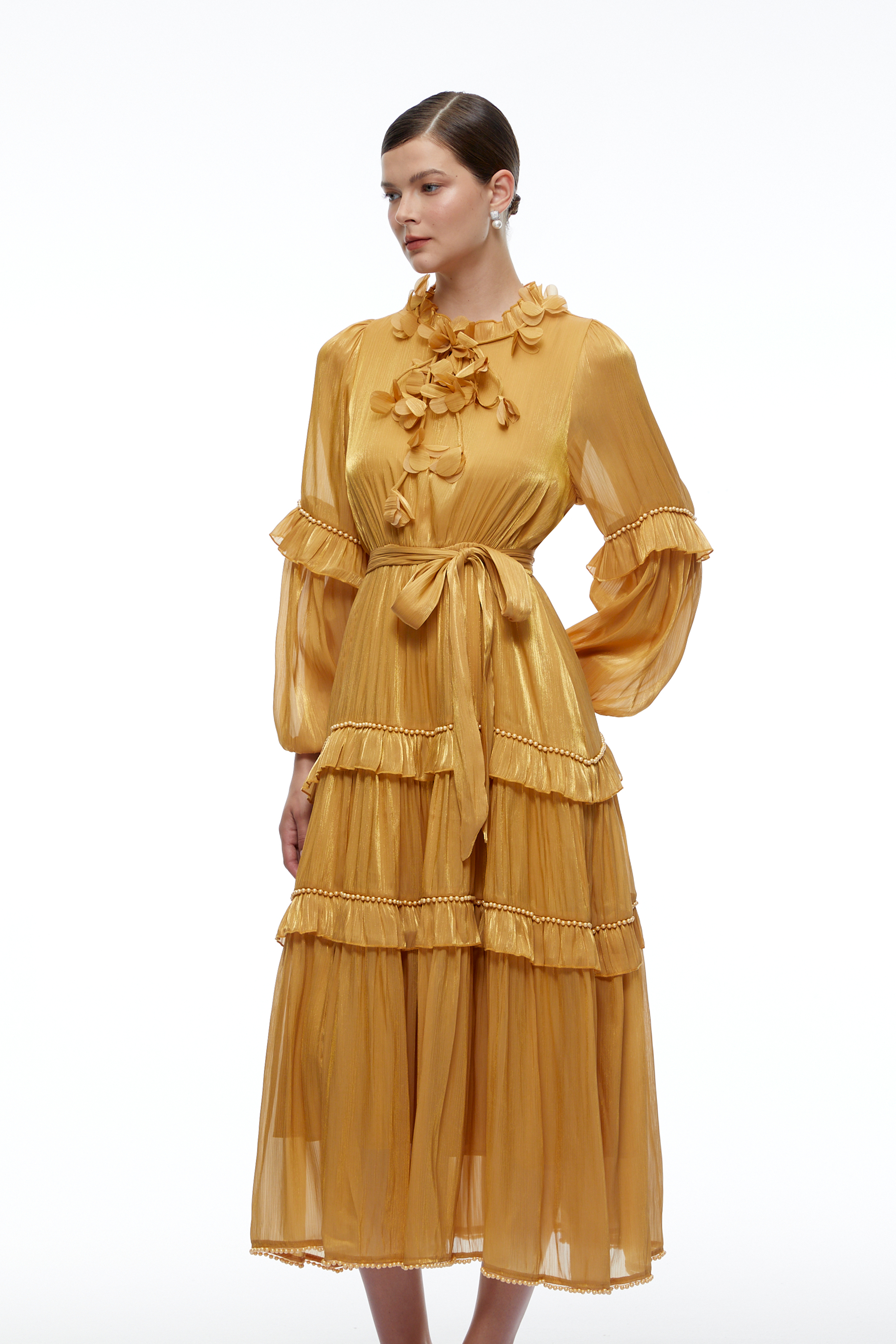 Honora Yellow High Neck Ruffle Tiered Midi Dress