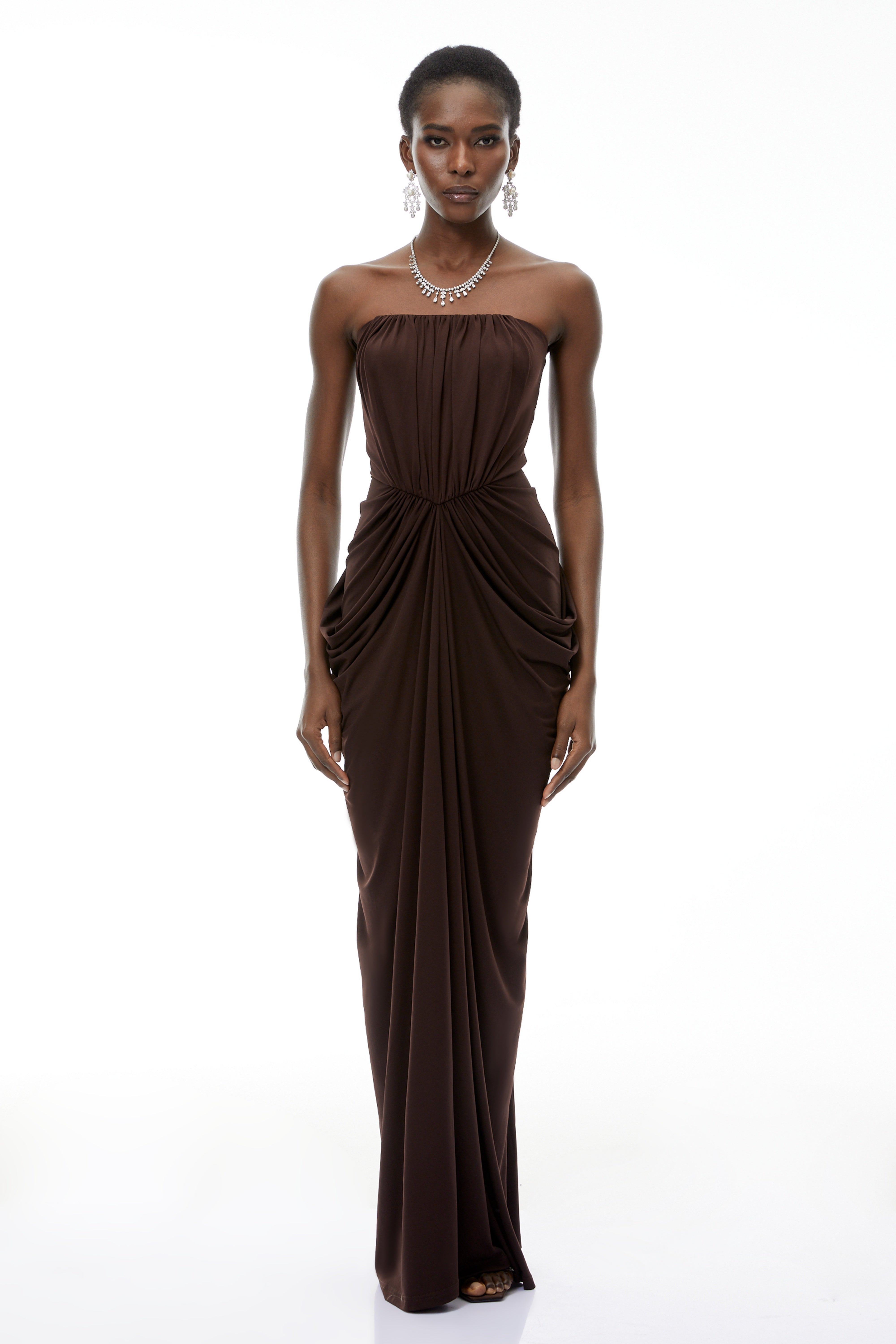 Brown Off-Shoulder Ruched Dress