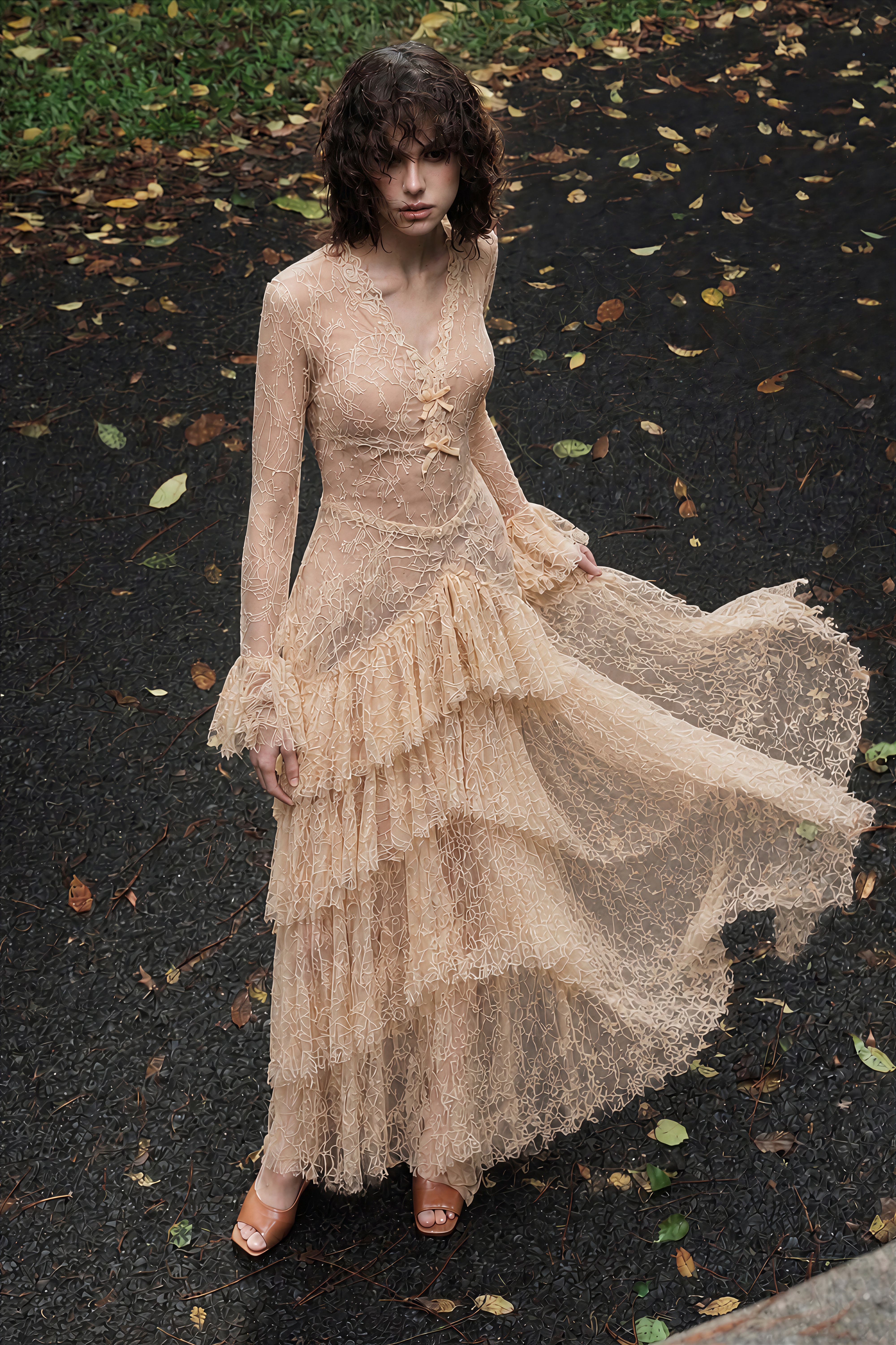 Humayma Beige Lace Tiered Midi Dress