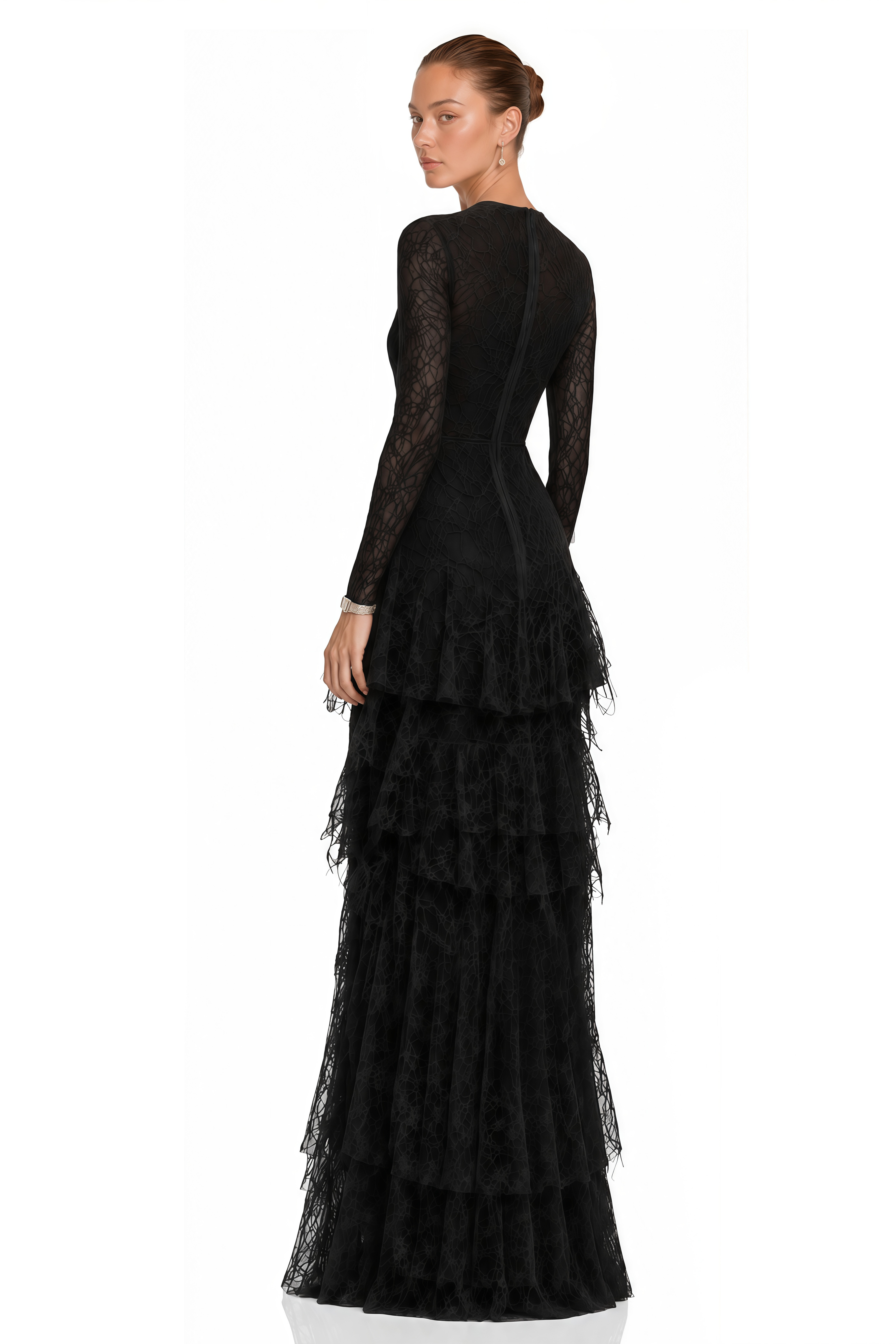 Black sheer lace long-sleeve maxi dress with tier ruffles