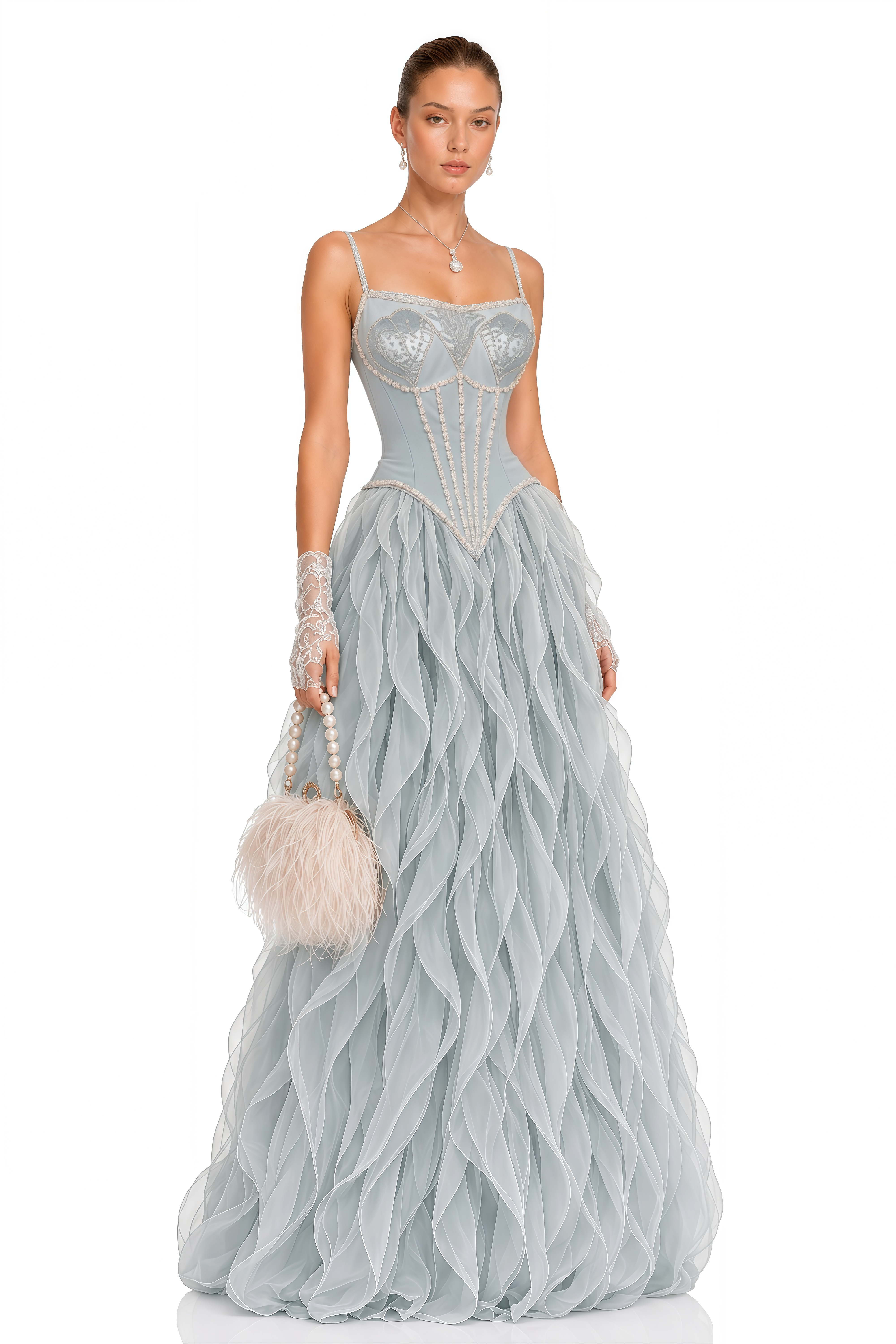 Ianthe Dusty Blue Ruffled Tulle Maxi Dress (Without Gloves)