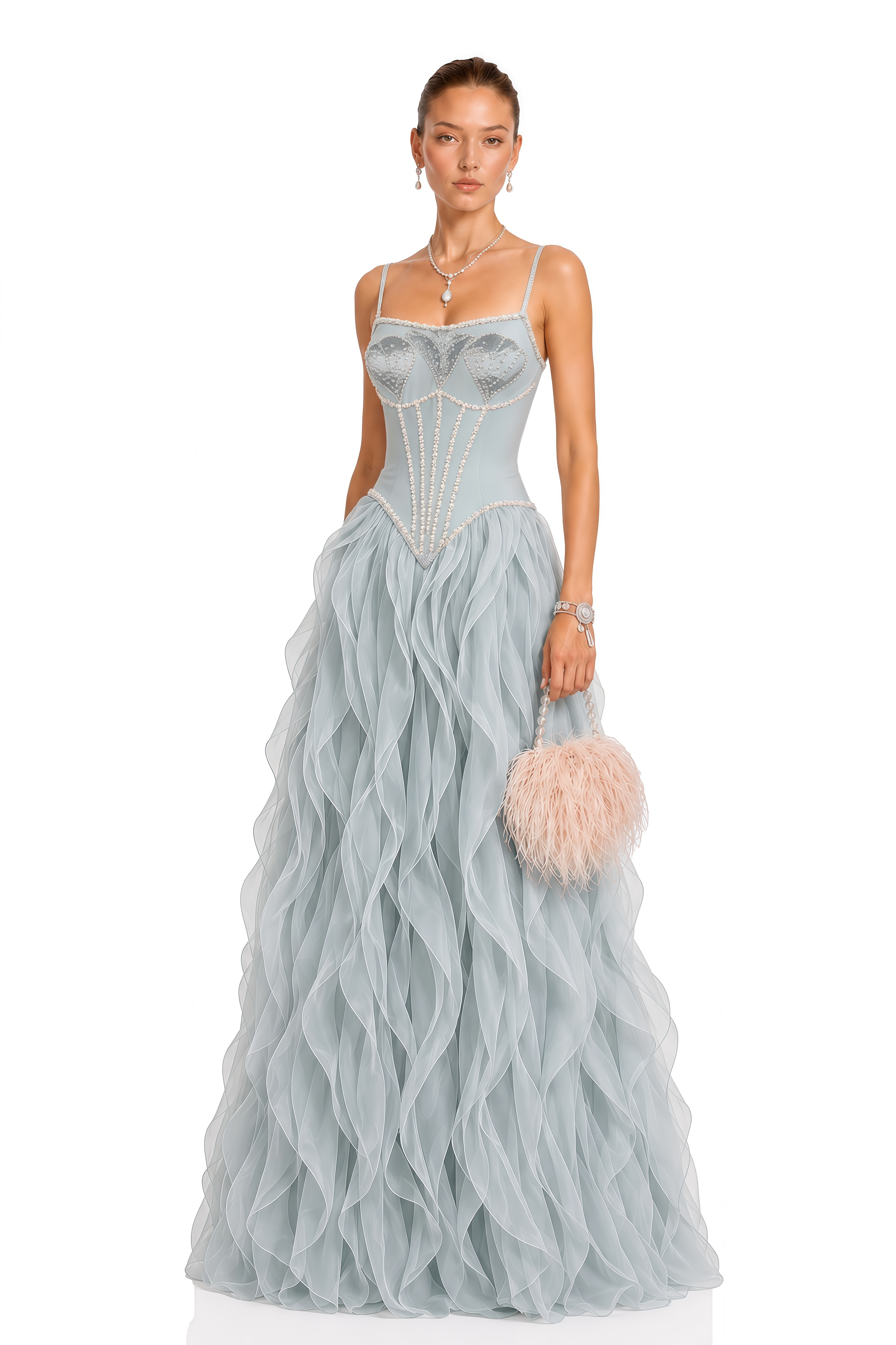 Ianthe Dusty Blue Ruffled Tulle Maxi Dress (Without Gloves)