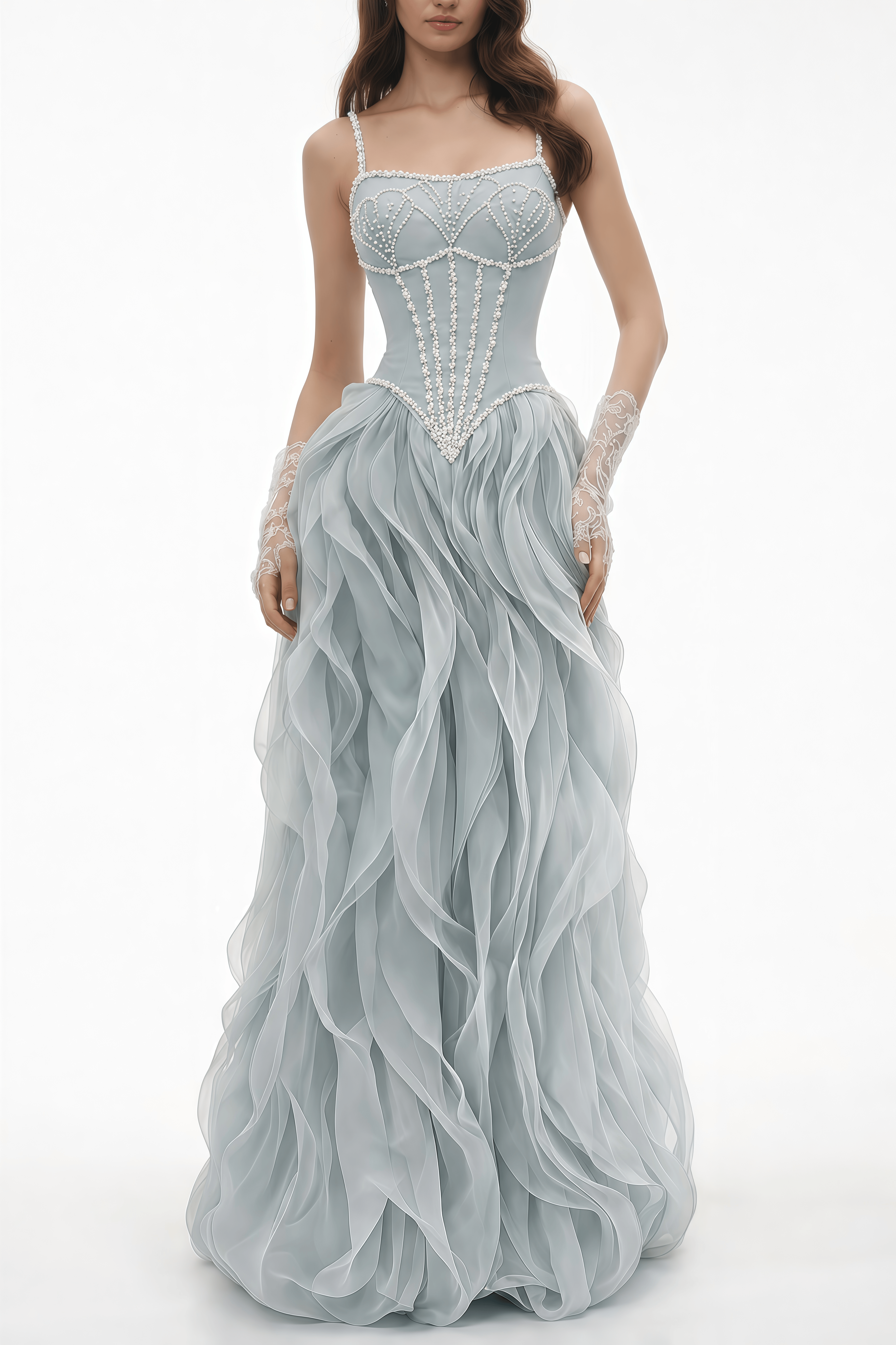 Ianthe Dusty Blue Ruffled Tulle Maxi Dress (Without Gloves)