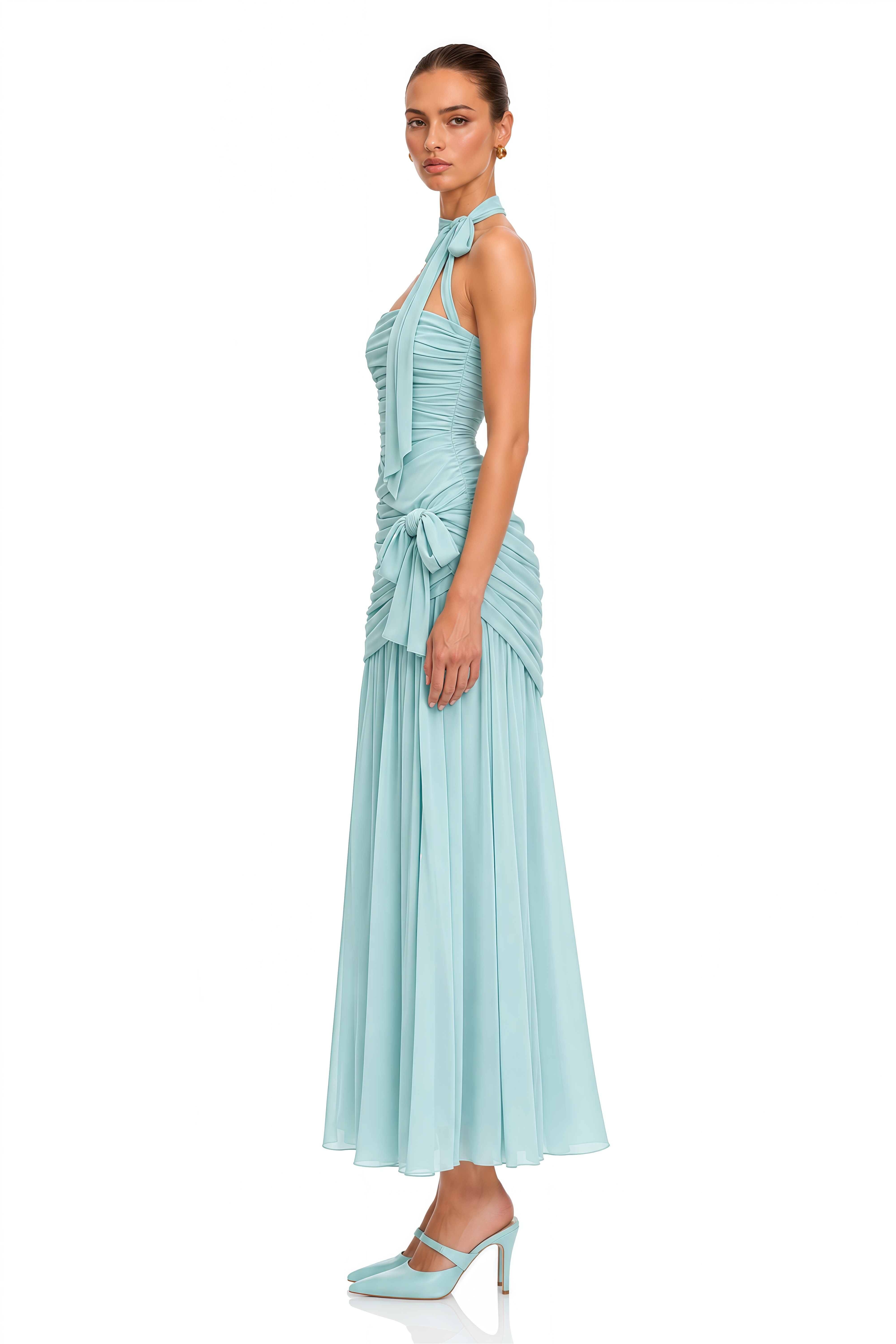 Ilaria Blue Halterneck Ruched Chiffon Maxi Dress