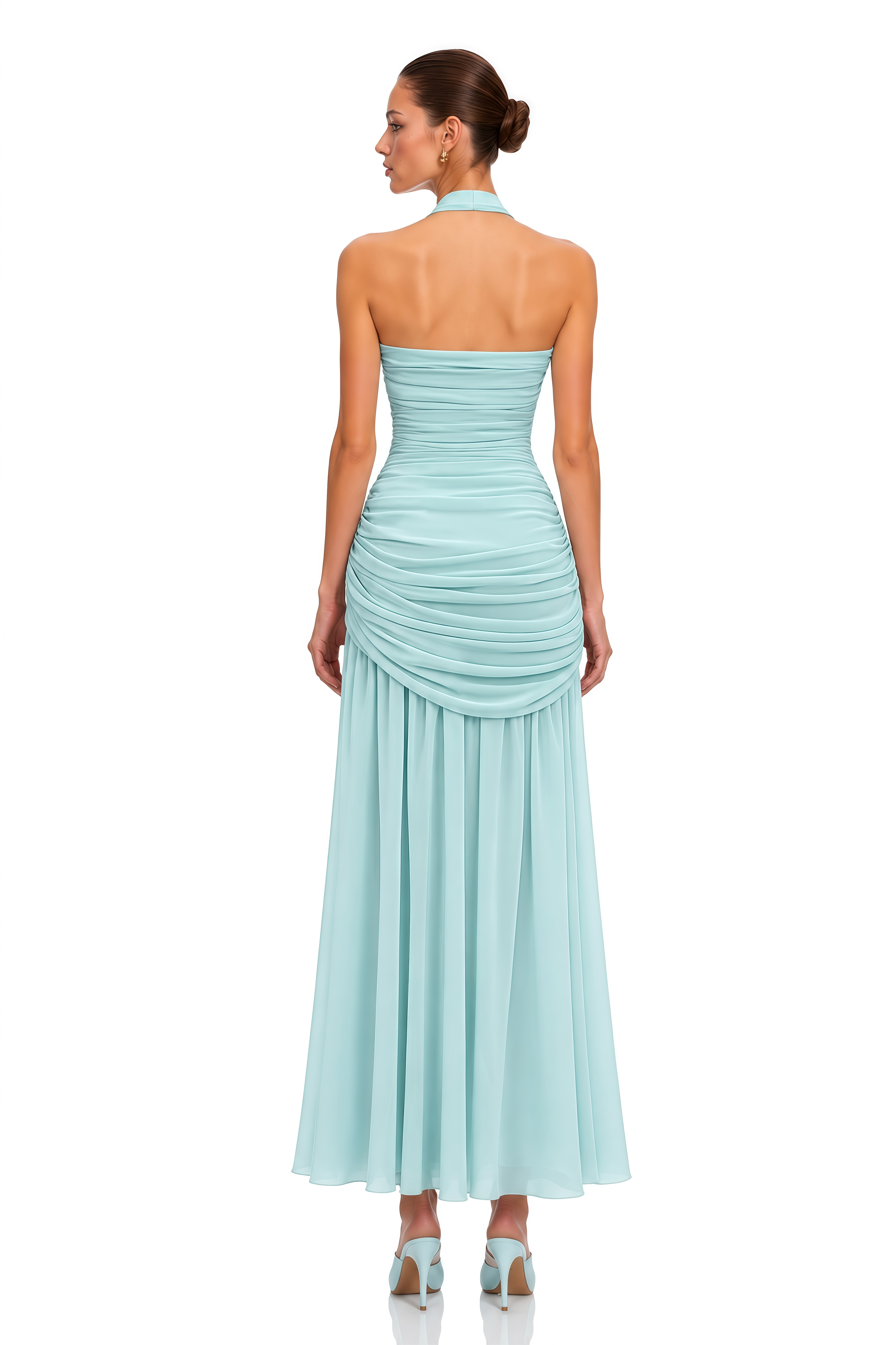 Ilaria Blue Halterneck Ruched Chiffon Maxi Dress