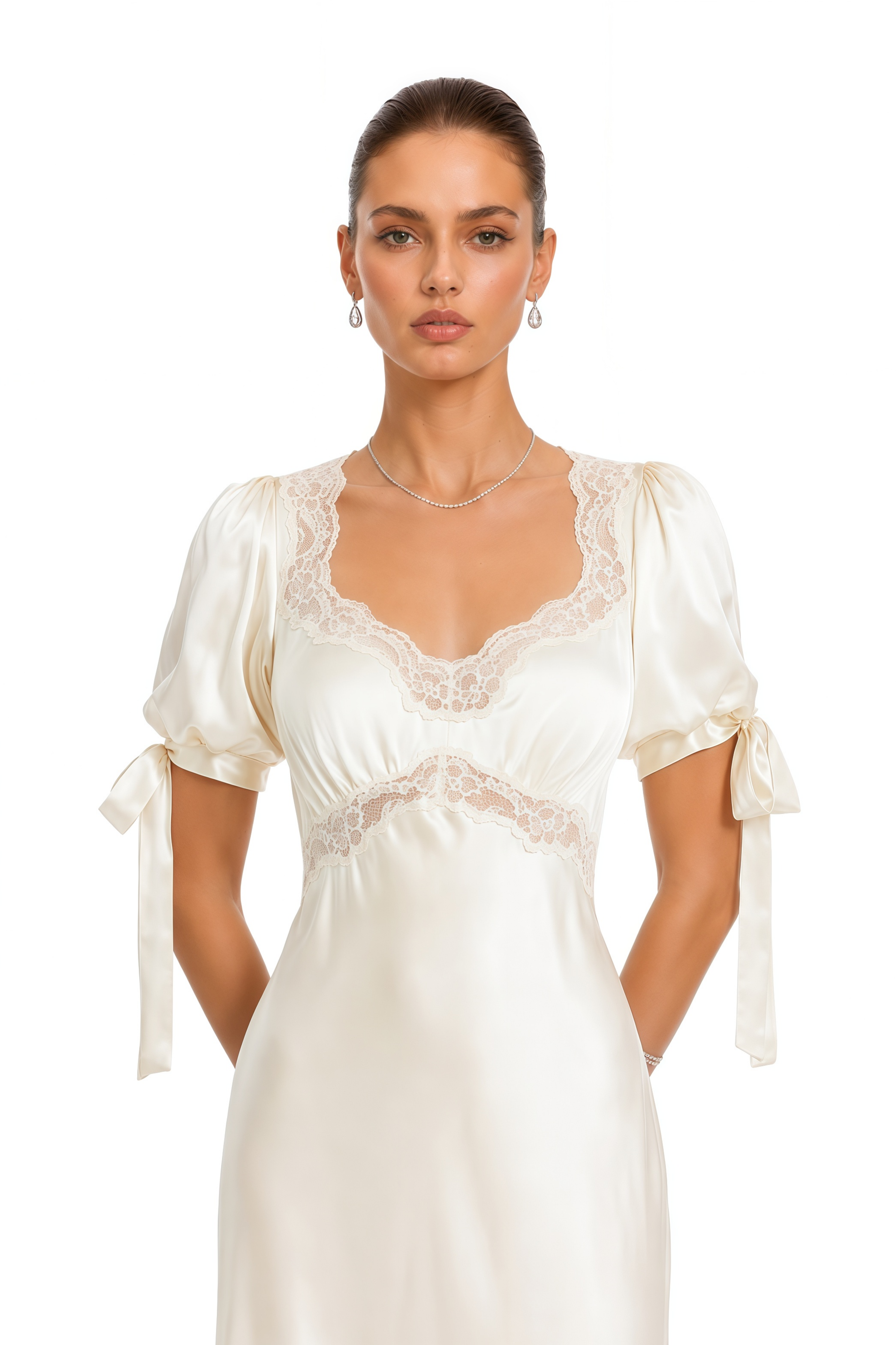 Imani White Short Puff Sleeve Lace Satin Midi Dress