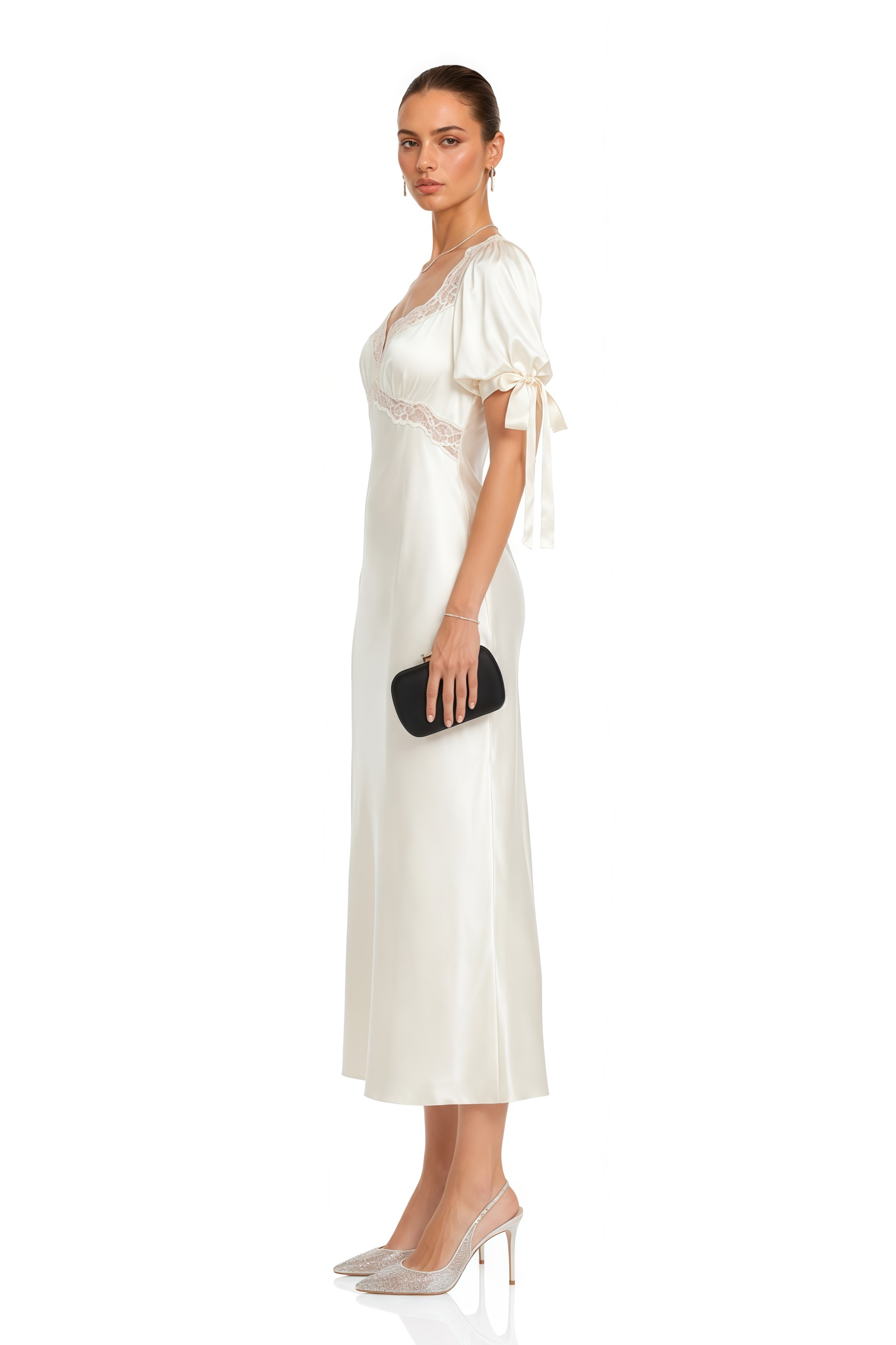 Imani White Short Puff Sleeve Lace Satin Midi Dress