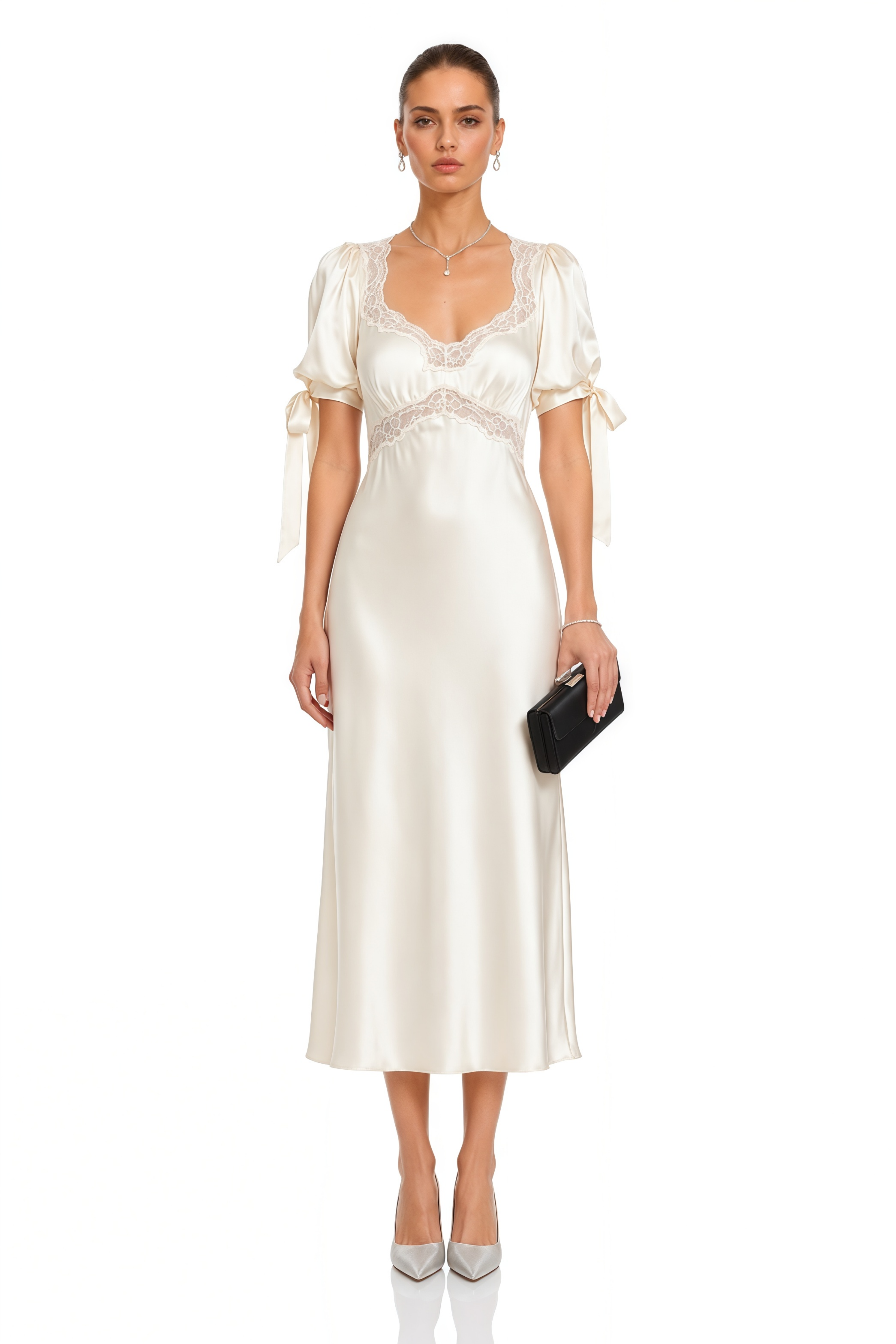 Imani White Short Puff Sleeve Lace Satin Midi Dress