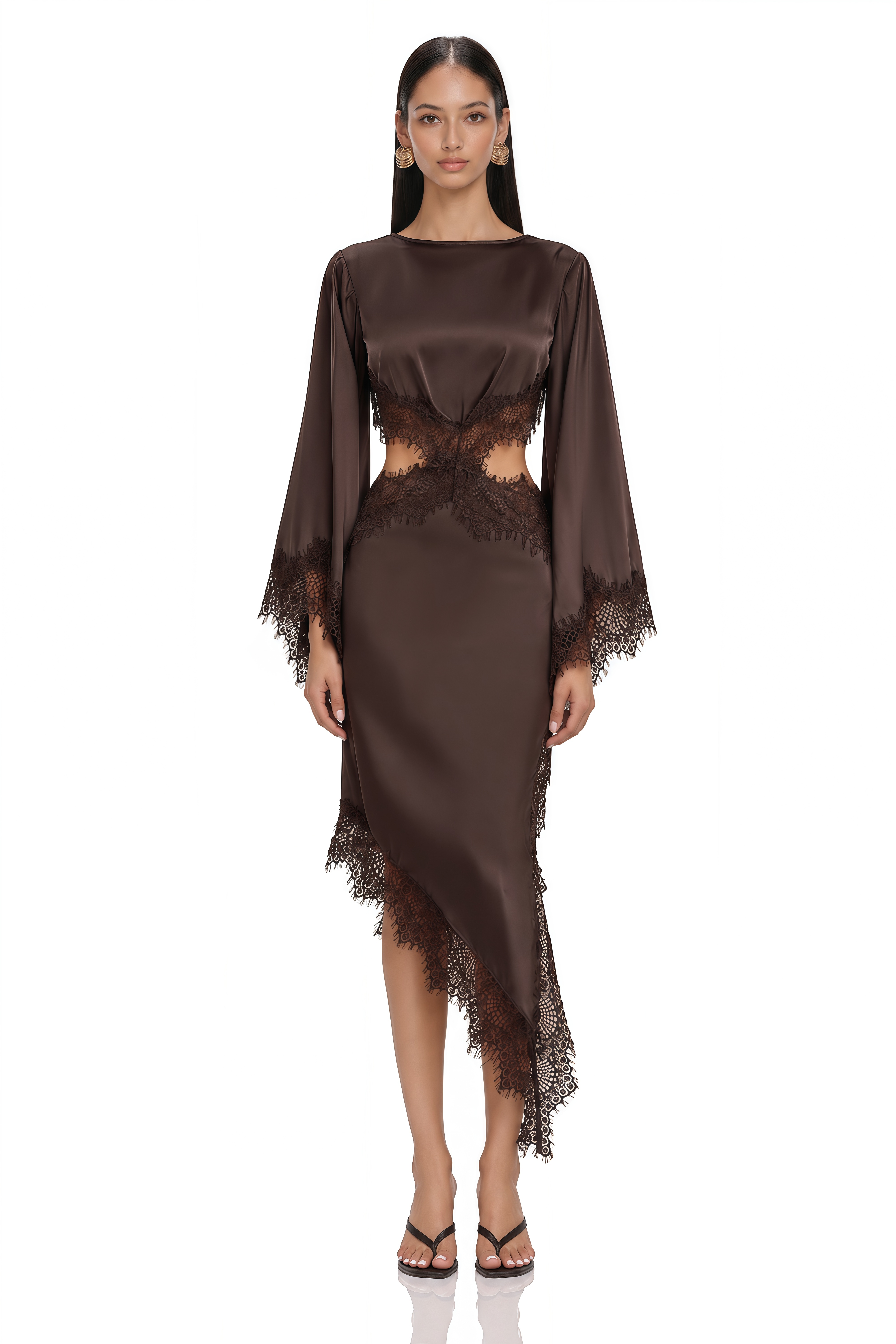 Inaayah Brown Lace Trim Asymmetrical Midi Dress