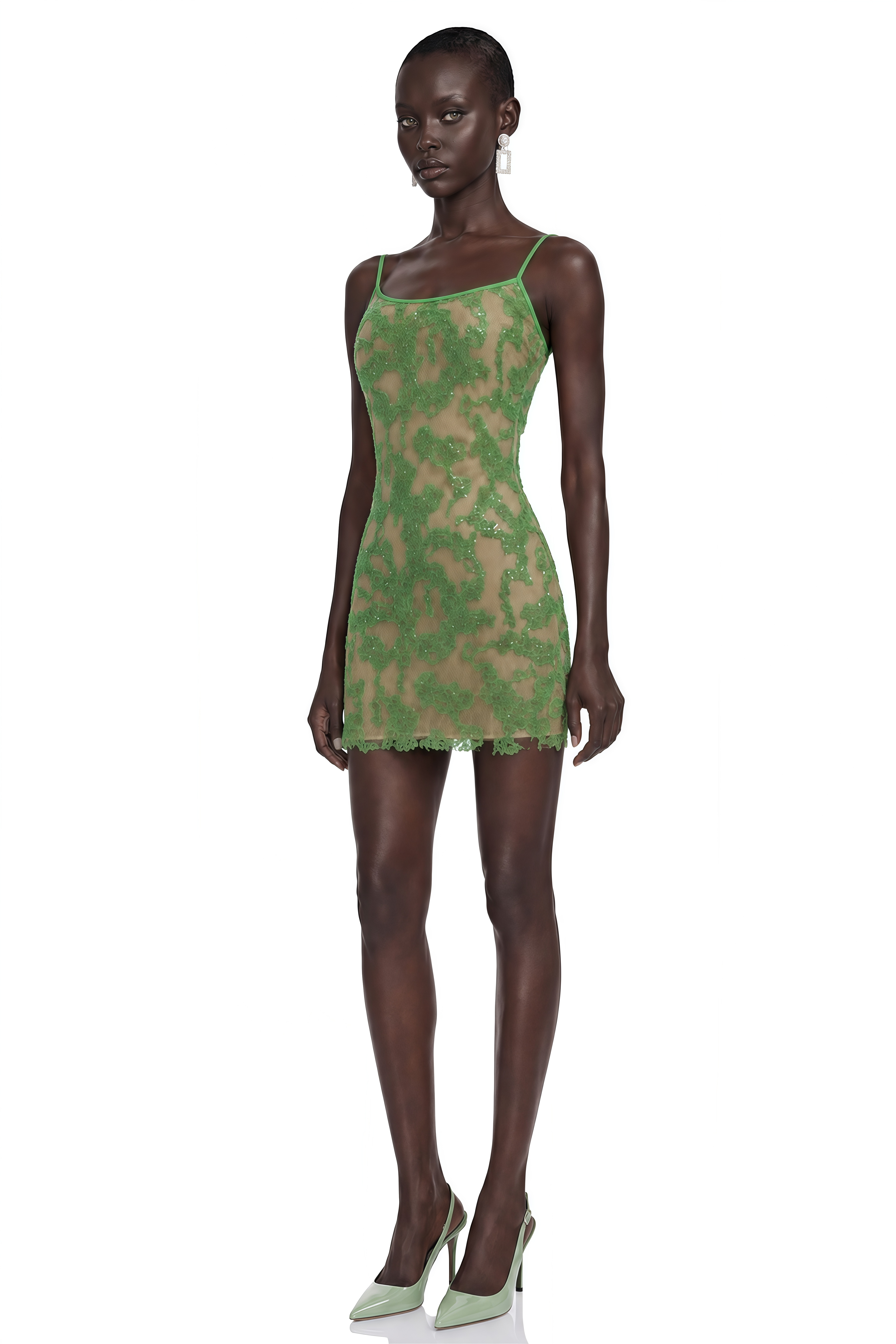 Inara Green Embellished Spaghetti Strap Mini Dress