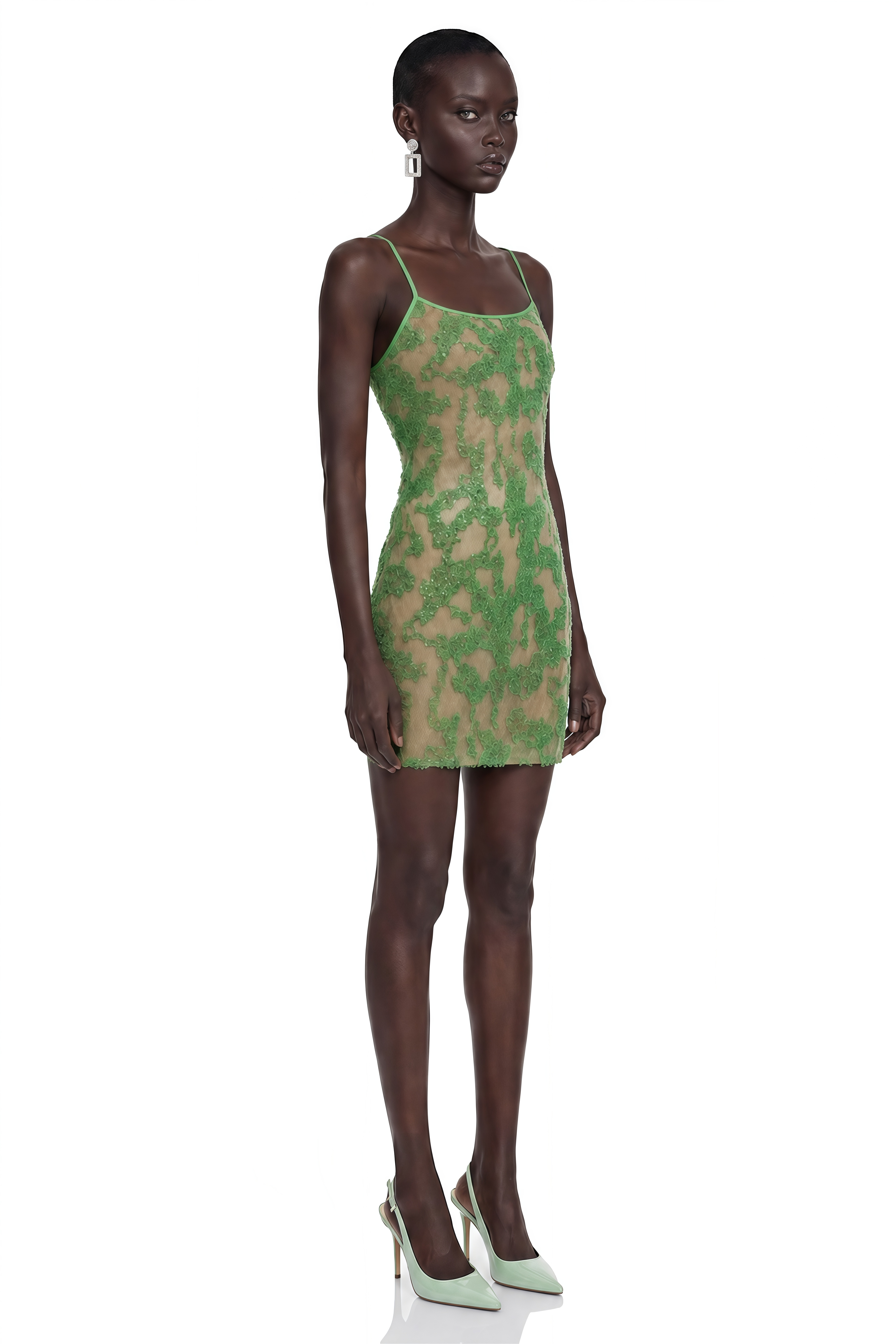 Inara Green Embellished Spaghetti Strap Mini Dress