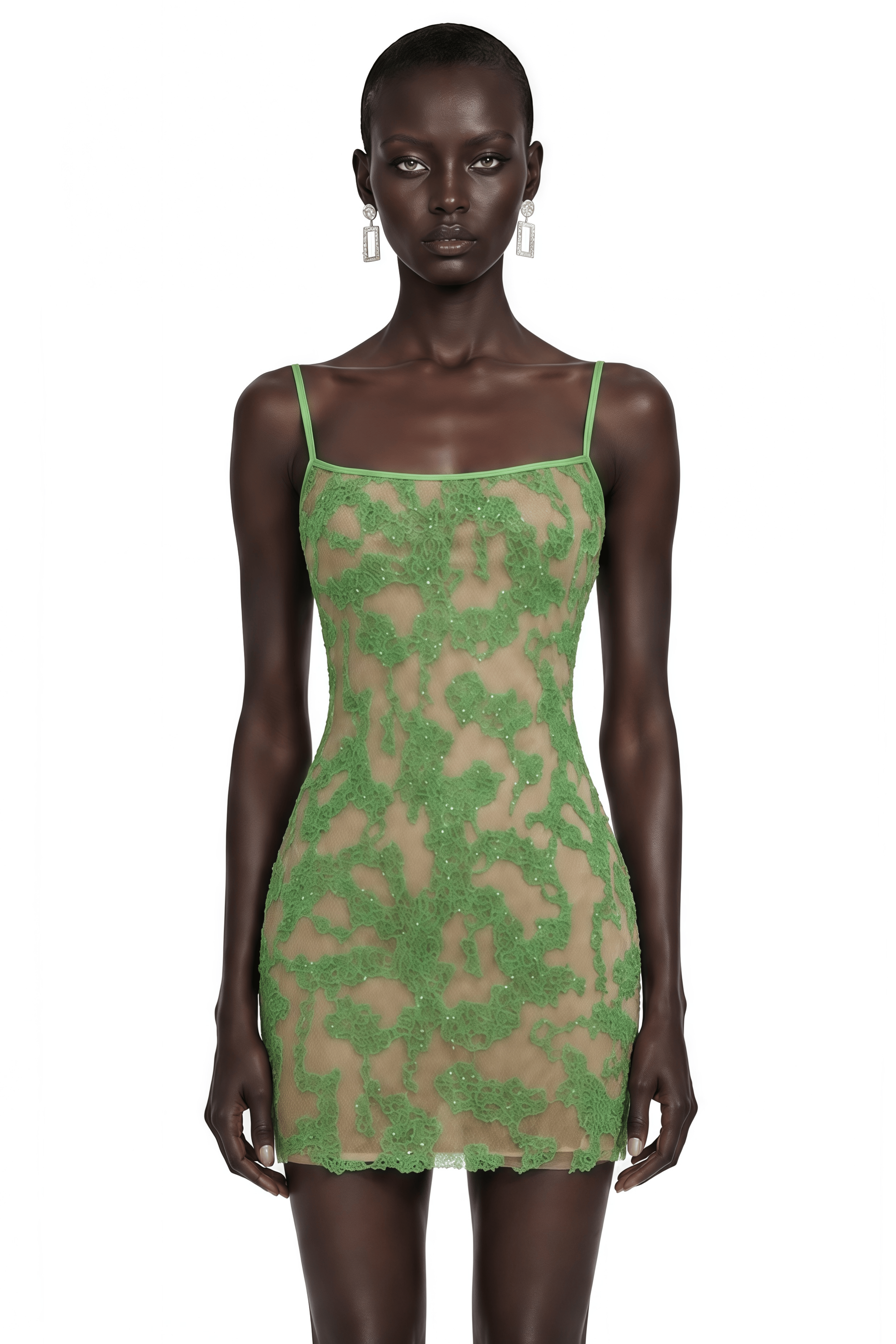 Inara Green Embellished Spaghetti Strap Mini Dress