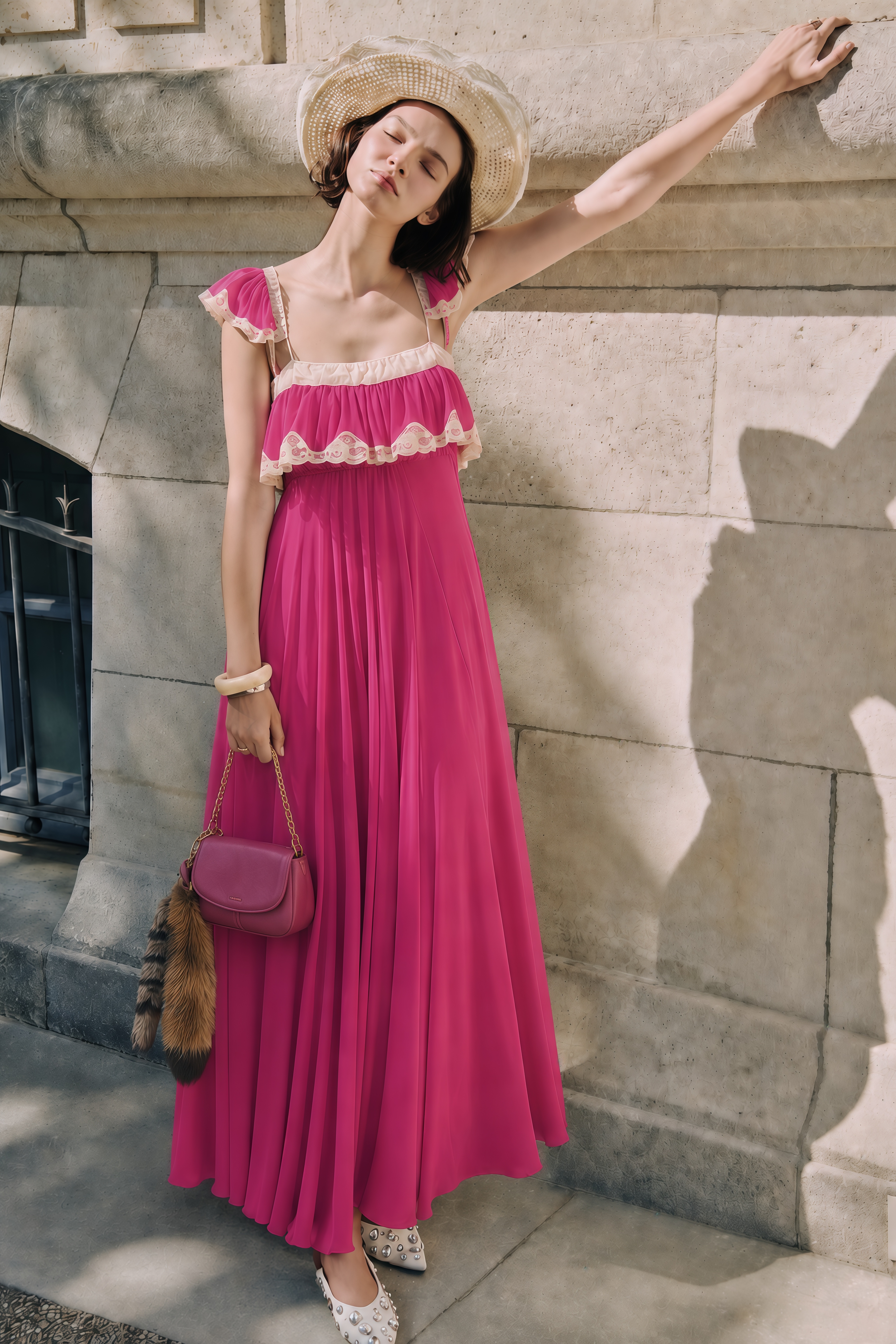 Ines Fuchsia Lace Trim Maxi Dress